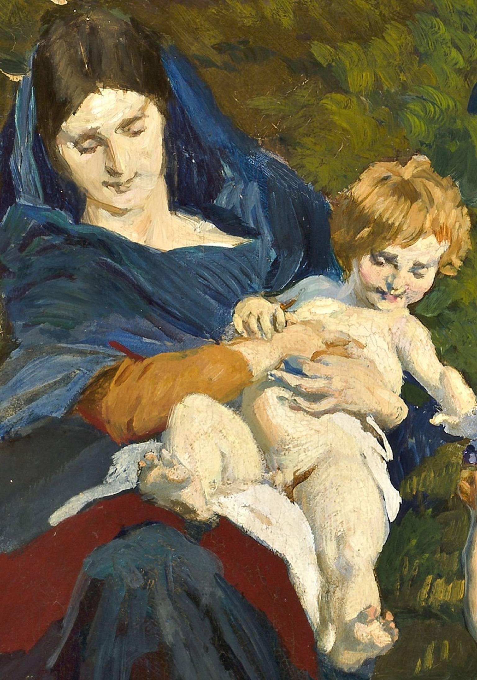 Motherhood. Ettore Tito, 20th Century Italian Venice School, Figurative Painting For Sale 1