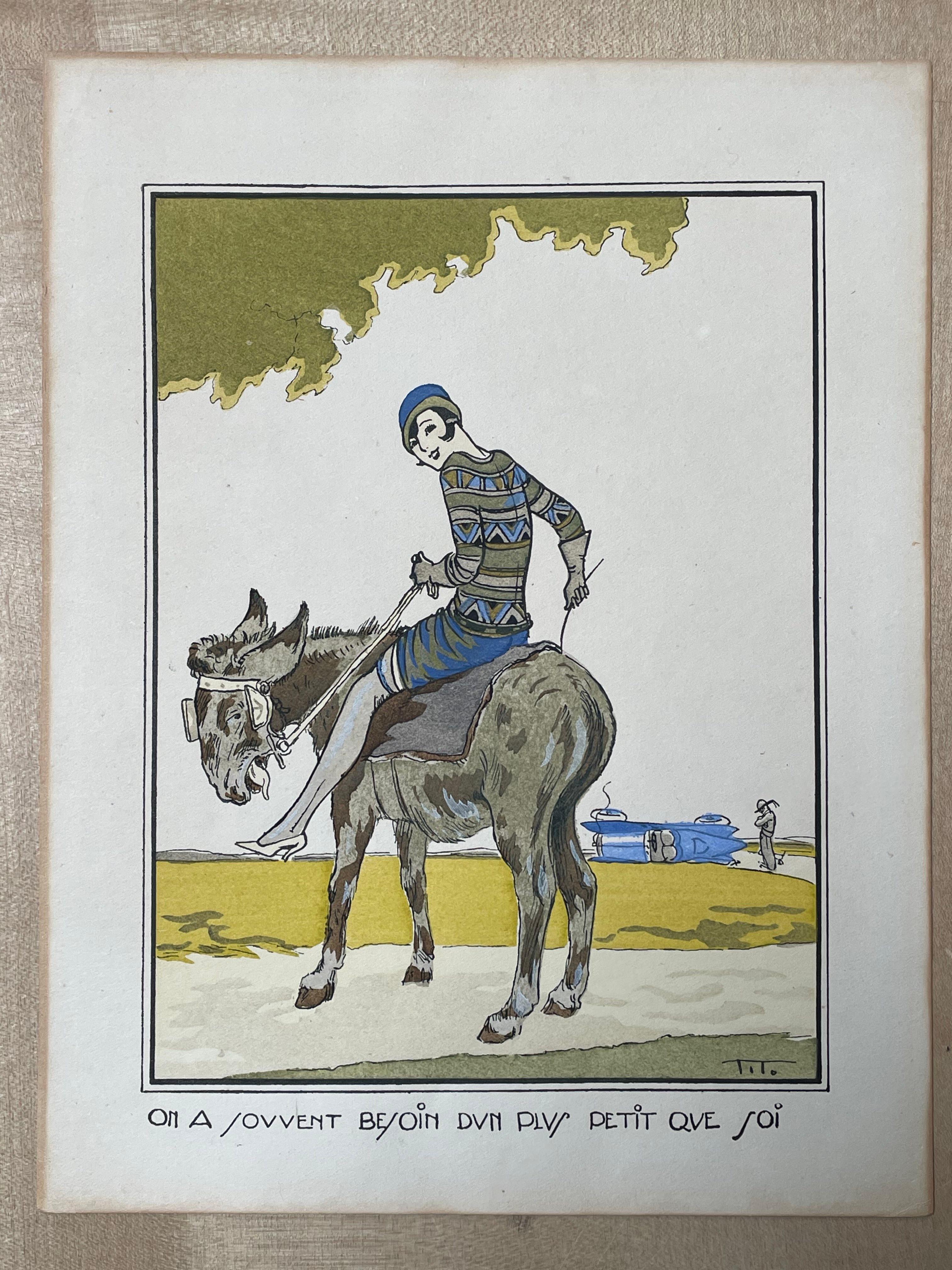 Ettore Tito (1859-1941) - On a Souvent Besoin.... Art Deco Pochoir Print For Sale 1