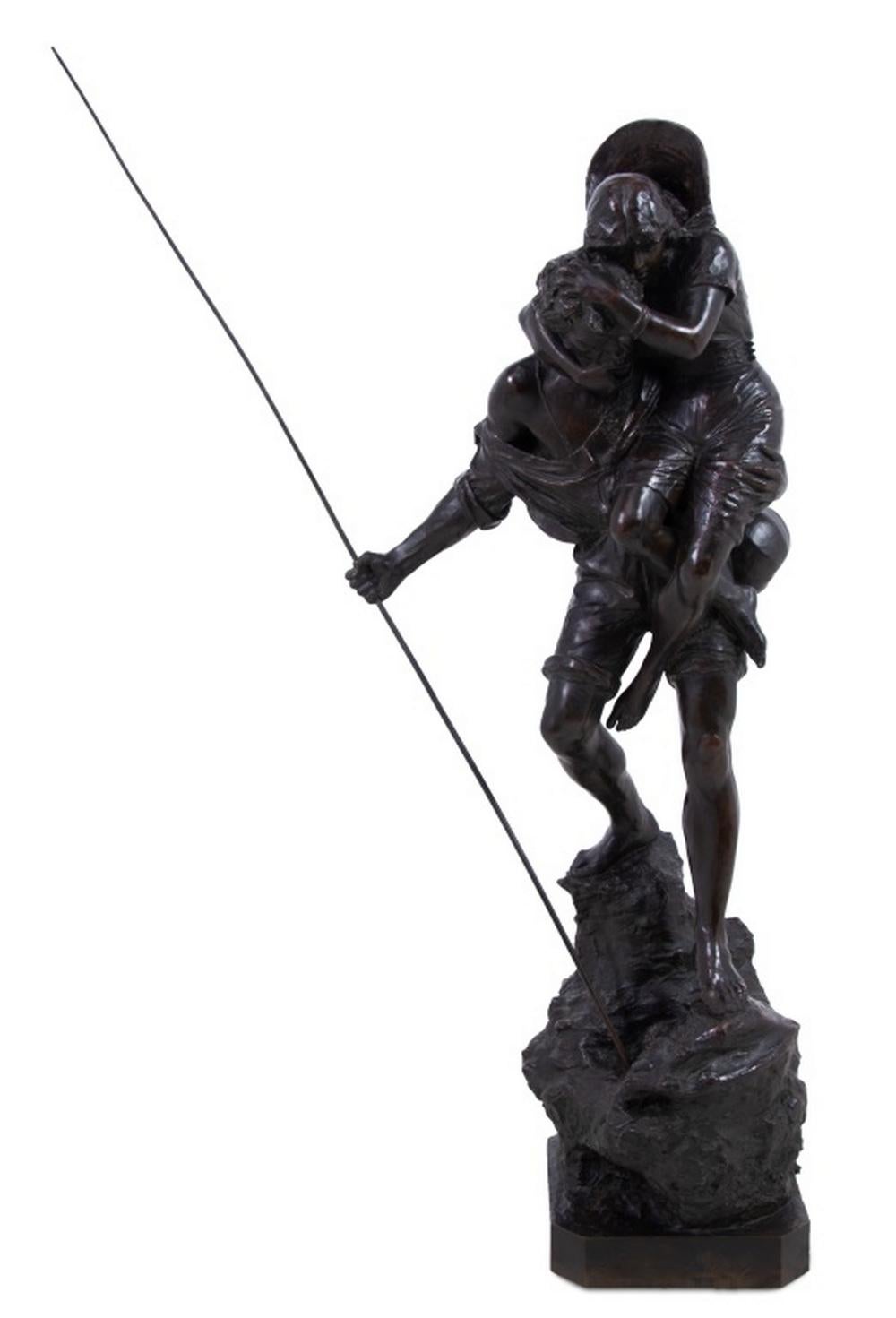 Ettore Ximenes (italiano, 1855-1926) "I Pellegrini" Scultura in bronzo patinato della fine del XIX secolo, raffigurante un pellegrino maschio con in mano un bastone che trasporta la sua compagna lungo un affioramento roccioso, su un basamento