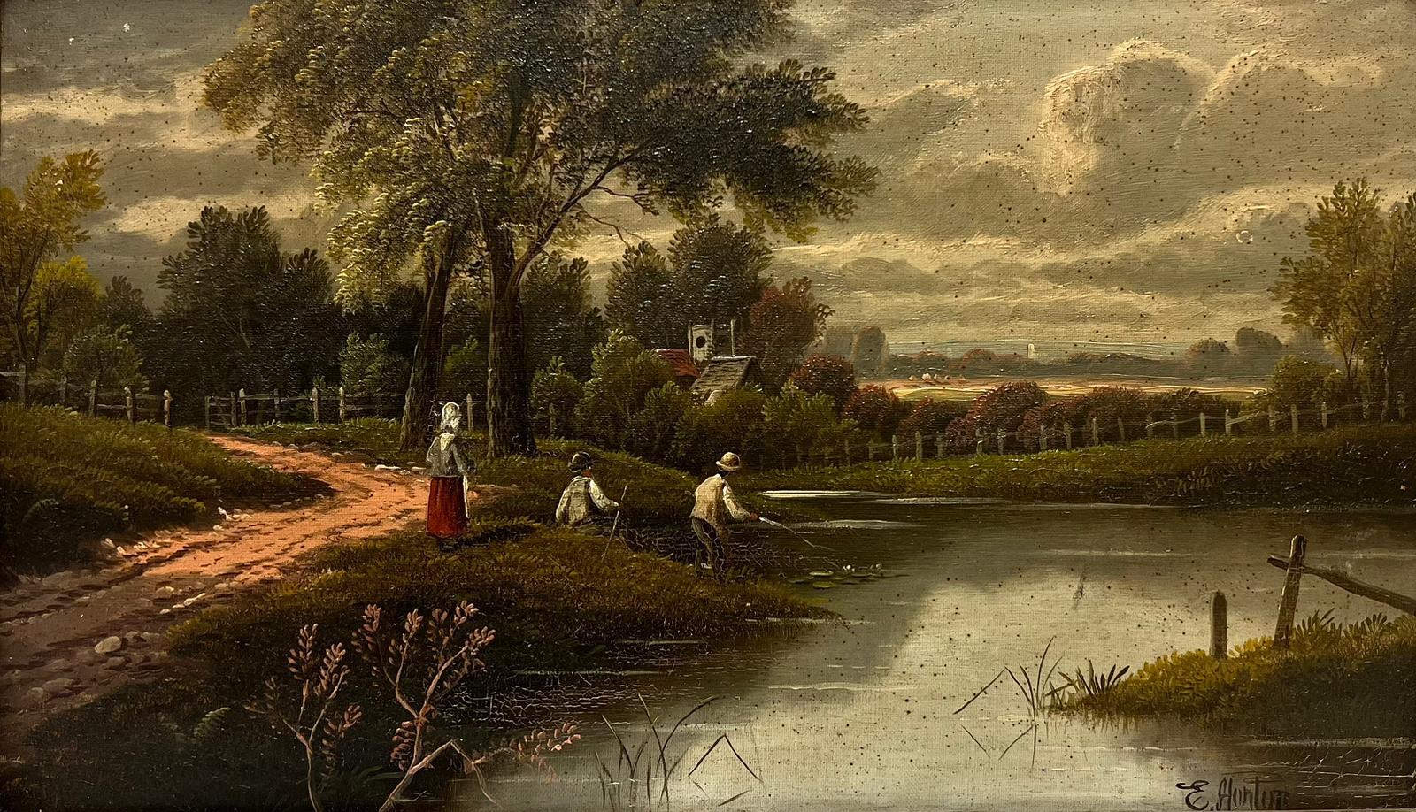 Antikes viktorianisches signiertes Ölgemälde, Figuren auf Flussufer, ländliche Landschaft – Painting von Etty Horton