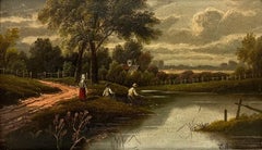 Antique peinture à l'huile victorienne signée Figures au bord de la rivière Paysage rural