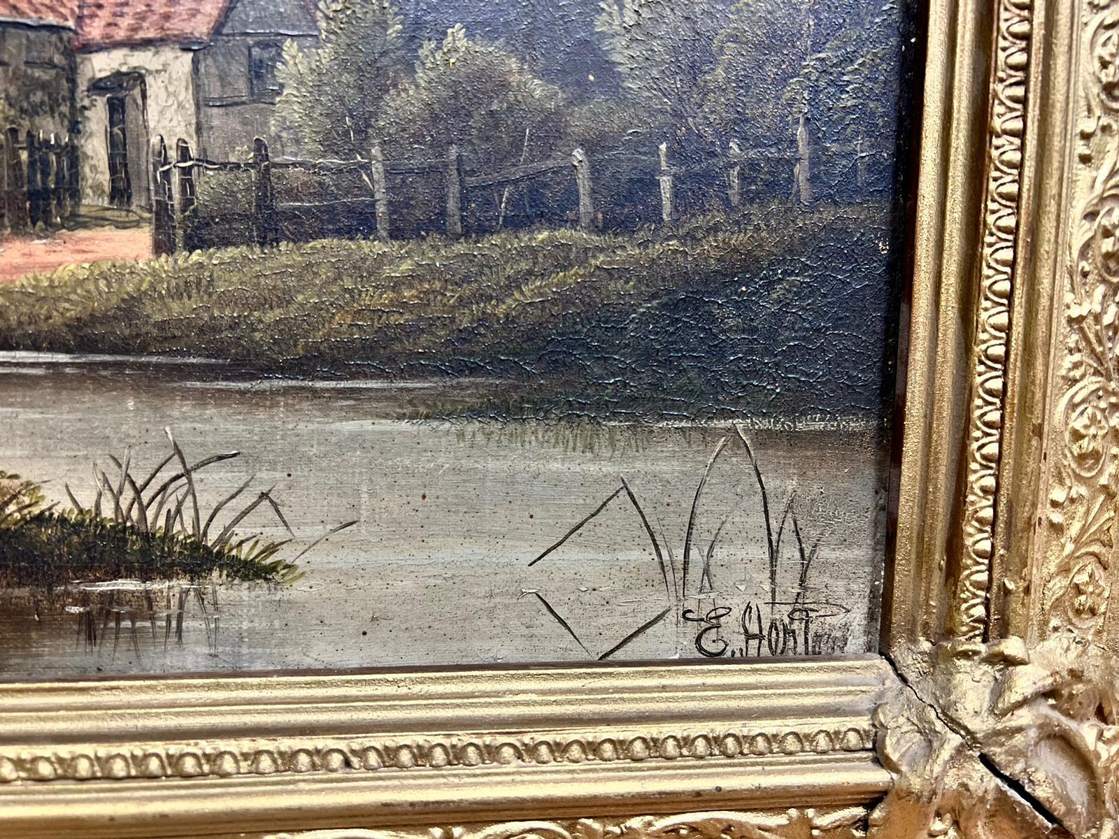 Antique Victorian Signed Oil Painting Figures on Riverbank Rural Landscape 1