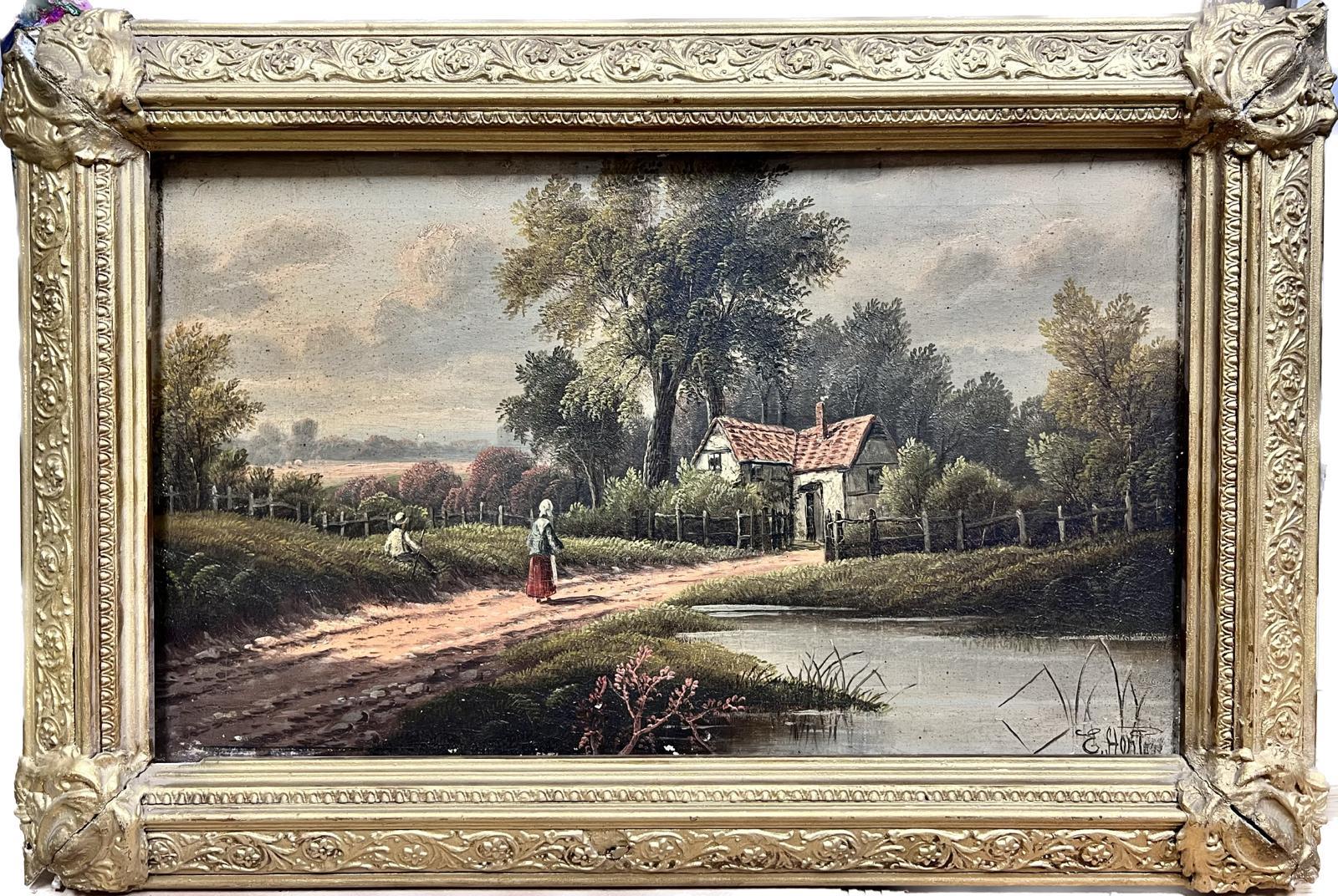 Etty Horton Landscape Painting - Antique Victorian Signed Oil Painting Figures on Riverbank Rural Landscape