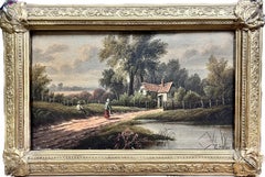 Antique Victorian Signed Oil Painting Figures on Riverbank Rural Landscape