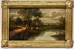 Antique peinture à l'huile victorienne signée Figures au bord de la rivière Paysage rural