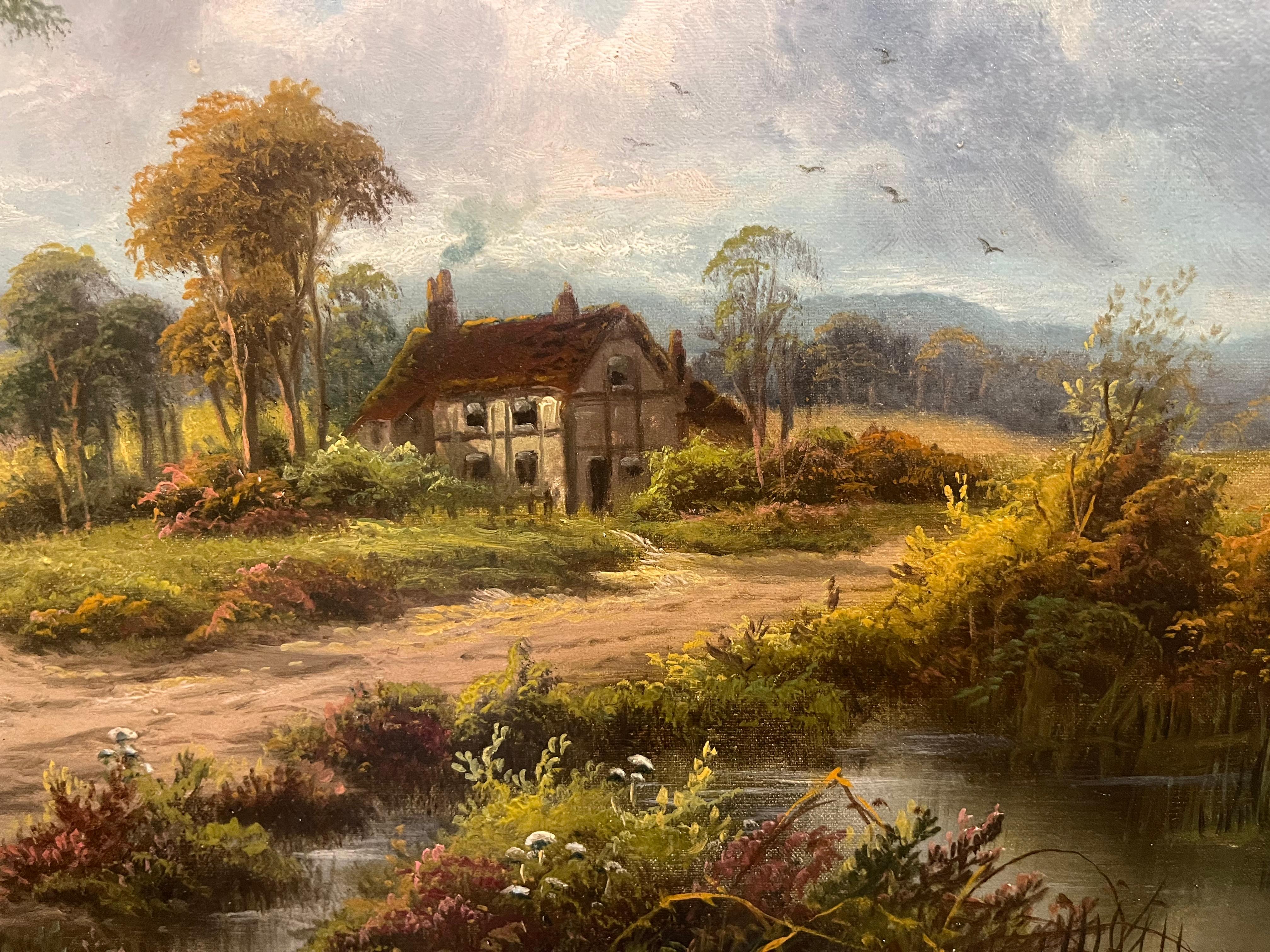 Peinture sur bois ancienne du 19ème siècle par E.Horton, maître britannique ancien, cadre doré et doré  en vente 6