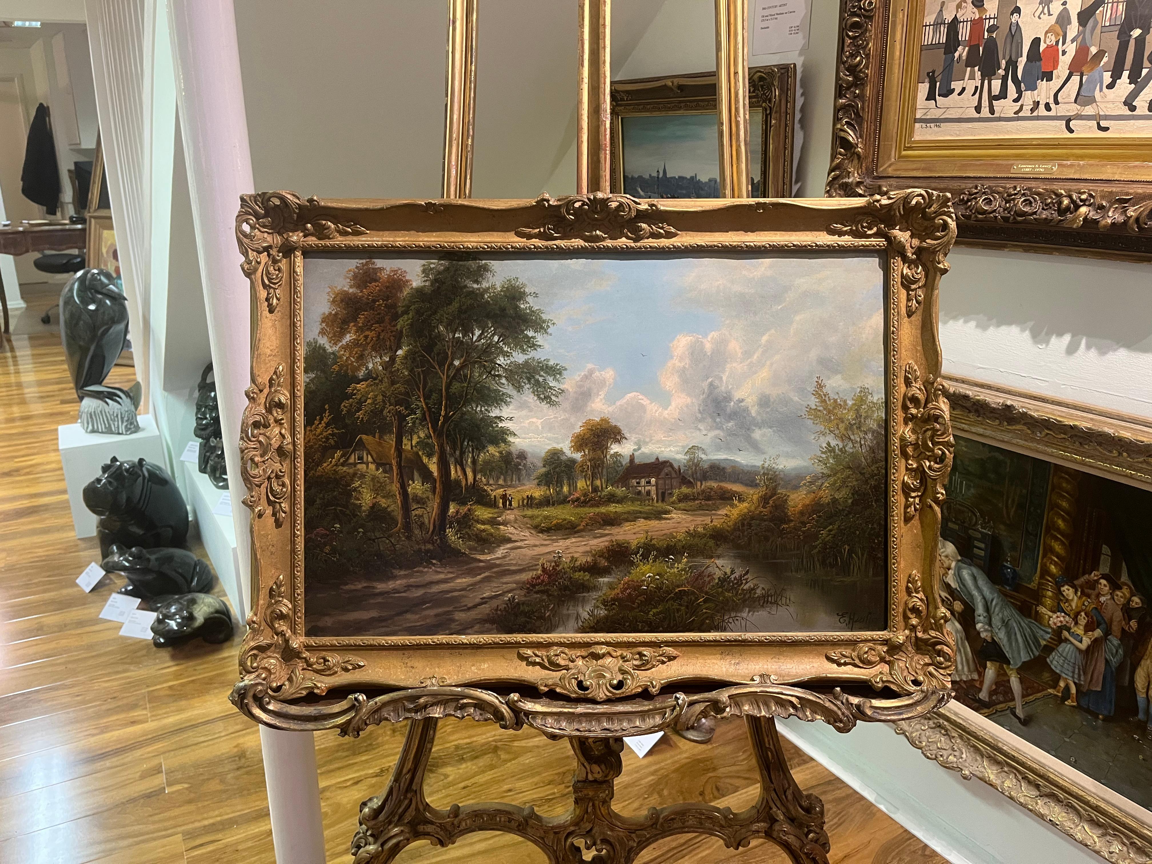 Peinture sur bois ancienne du 19ème siècle par E.Horton, maître britannique ancien, cadre doré et doré  - Marron Landscape Painting par Etty Horton