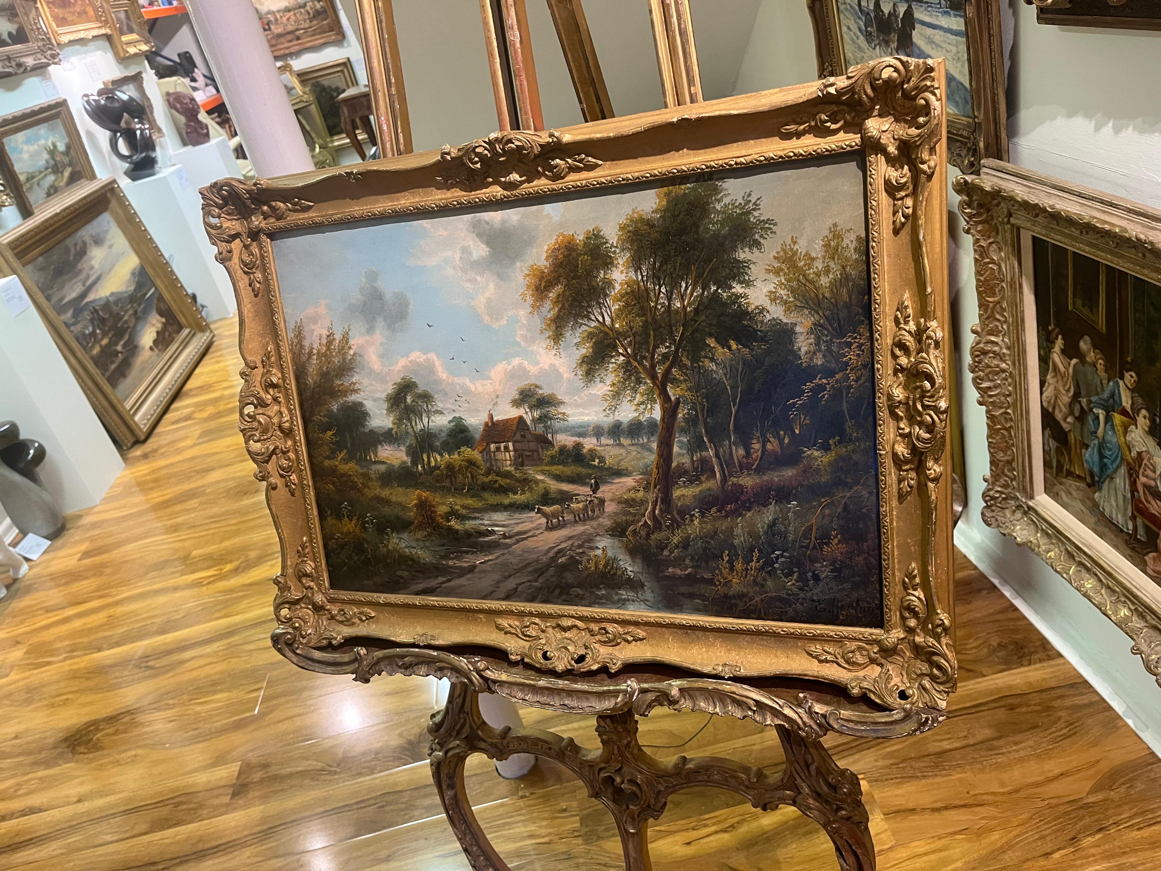 OIL PAINTING Antique 19thCentury By E.Horton British old master Gold Gilt Frame  For Sale 3