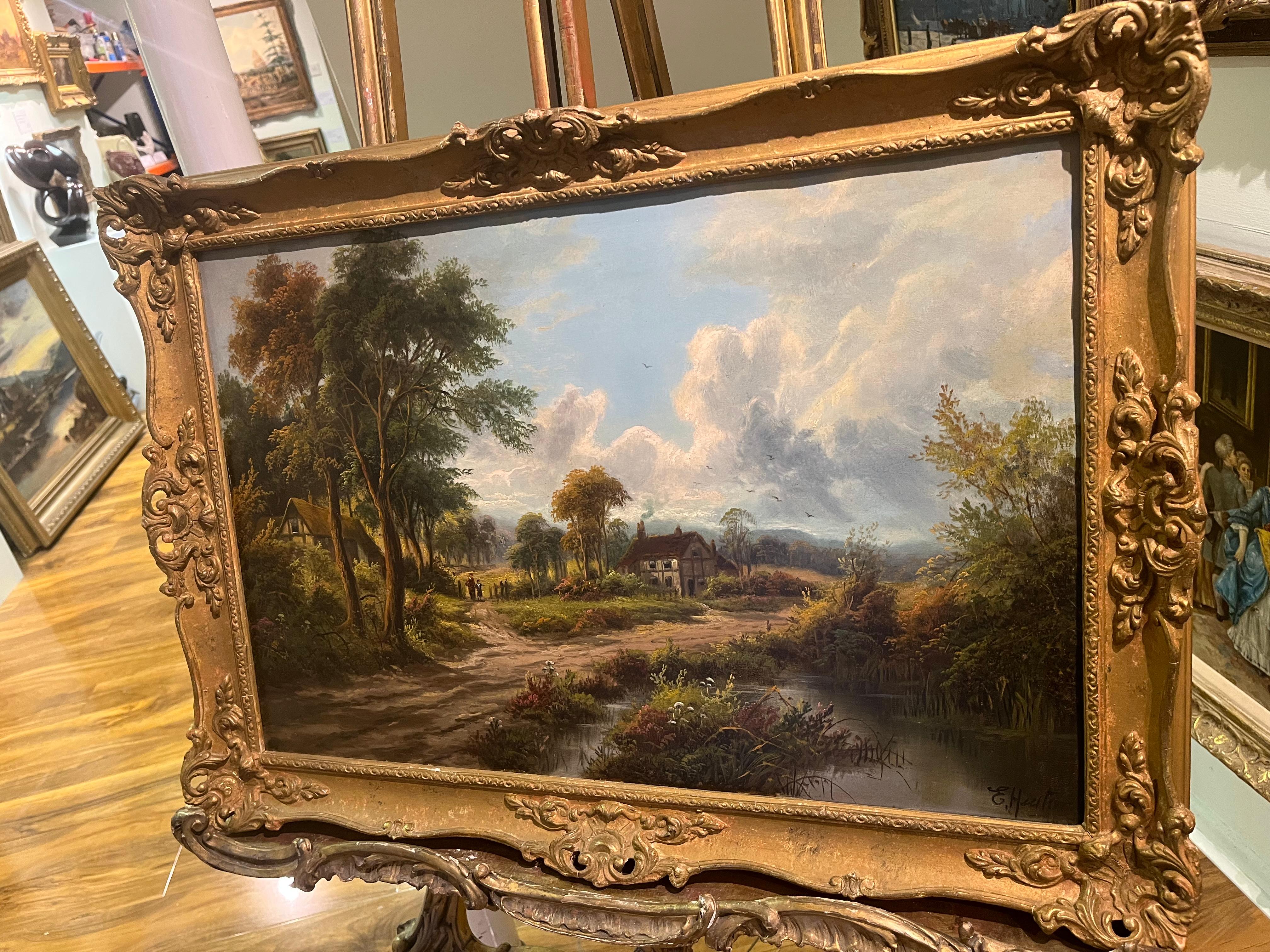 OIL PAINTING Antique 19thCentury By E.Horton British old master Gold Gilt Frame  For Sale 4