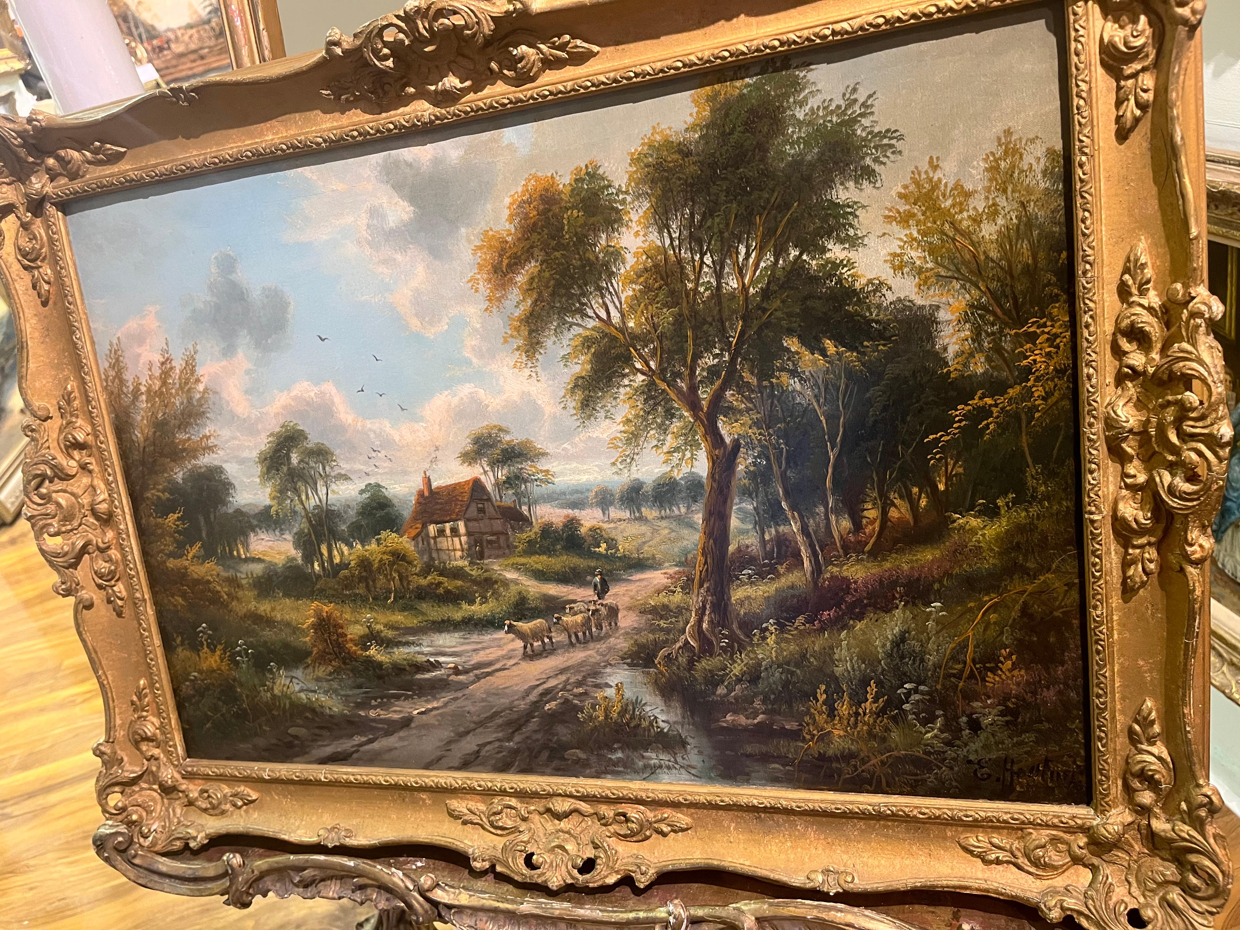 OIL PAINTING Antique 19thCentury By E.Horton British old master Gold Gilt Frame  For Sale 4