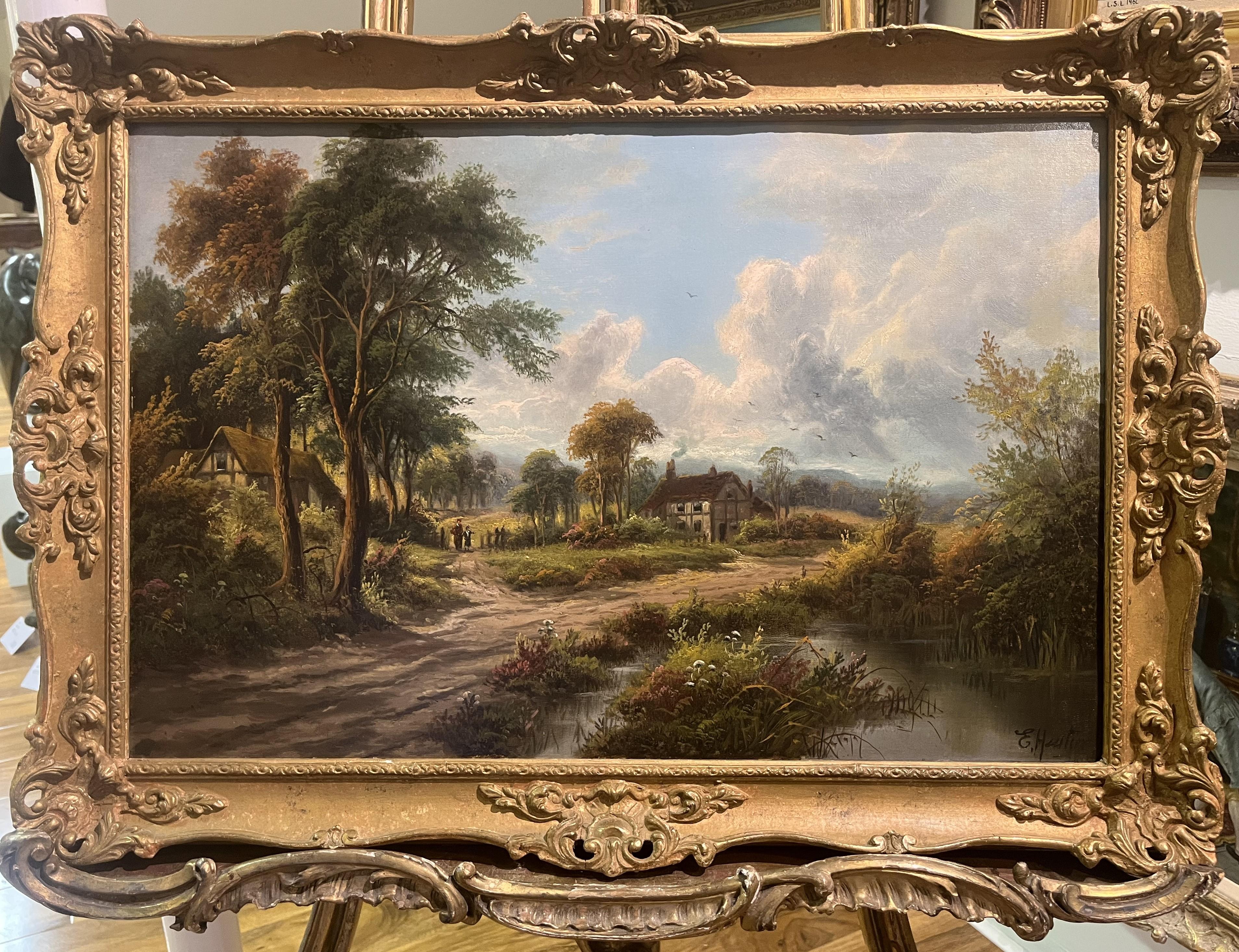 Etty Horton Landscape Painting - OIL PAINTING Antique 19thCentury By E.Horton British old master Gold Gilt Frame 
