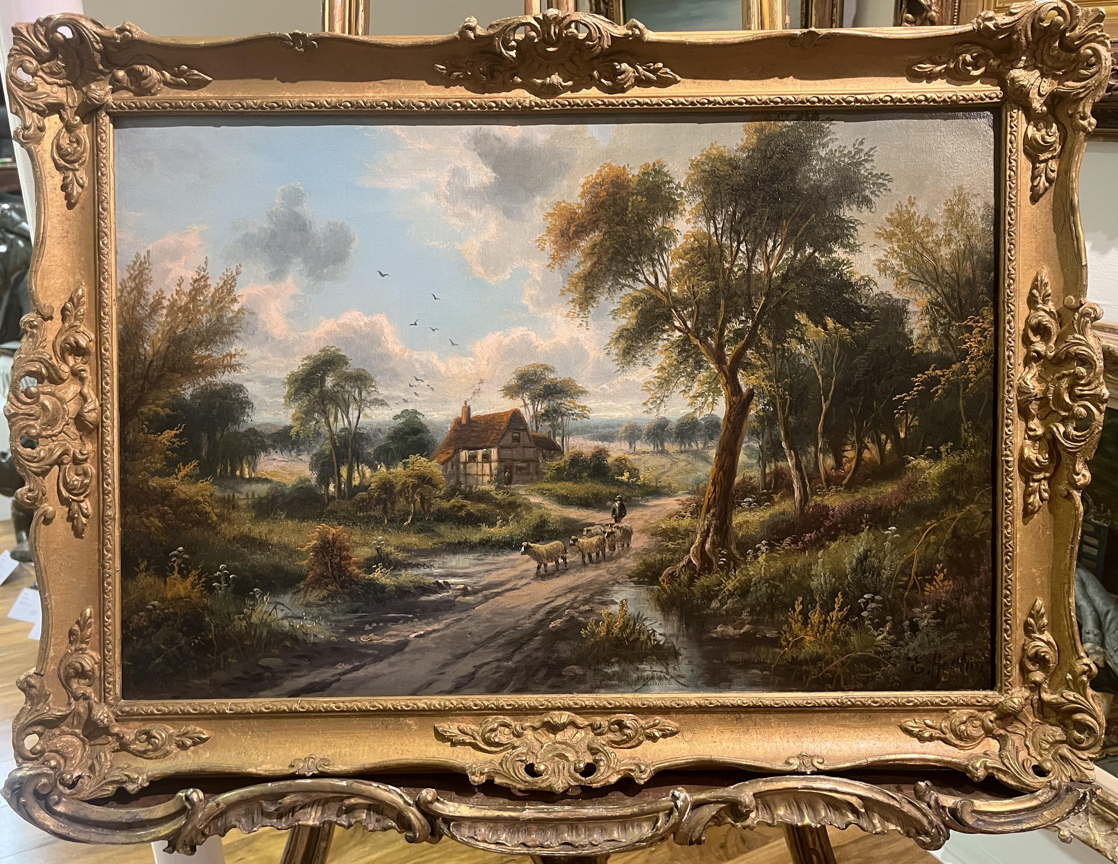 Etty Horton Landscape Painting – OIL PAINTING Antique 19. Jahrhundert von E.Horton Britischer alter Meister Vergoldeter vergoldeter Rahmen 