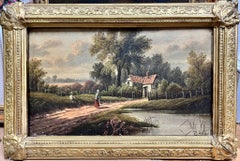 Victorian English Oil Painting Figures in Rural Landscape by River Cottage