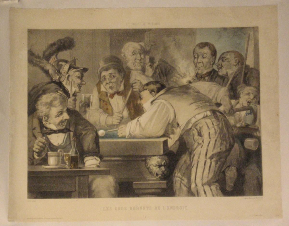 Artist: Unkown

Date of Origin: c 1850

Medium: Original Stone Lithograph

Size: 26″ x 21”

 

A very charming 19th Century French billiards lithograph depicting a raucous Billiards game taking place in a tavern. The main title at the top is “Études