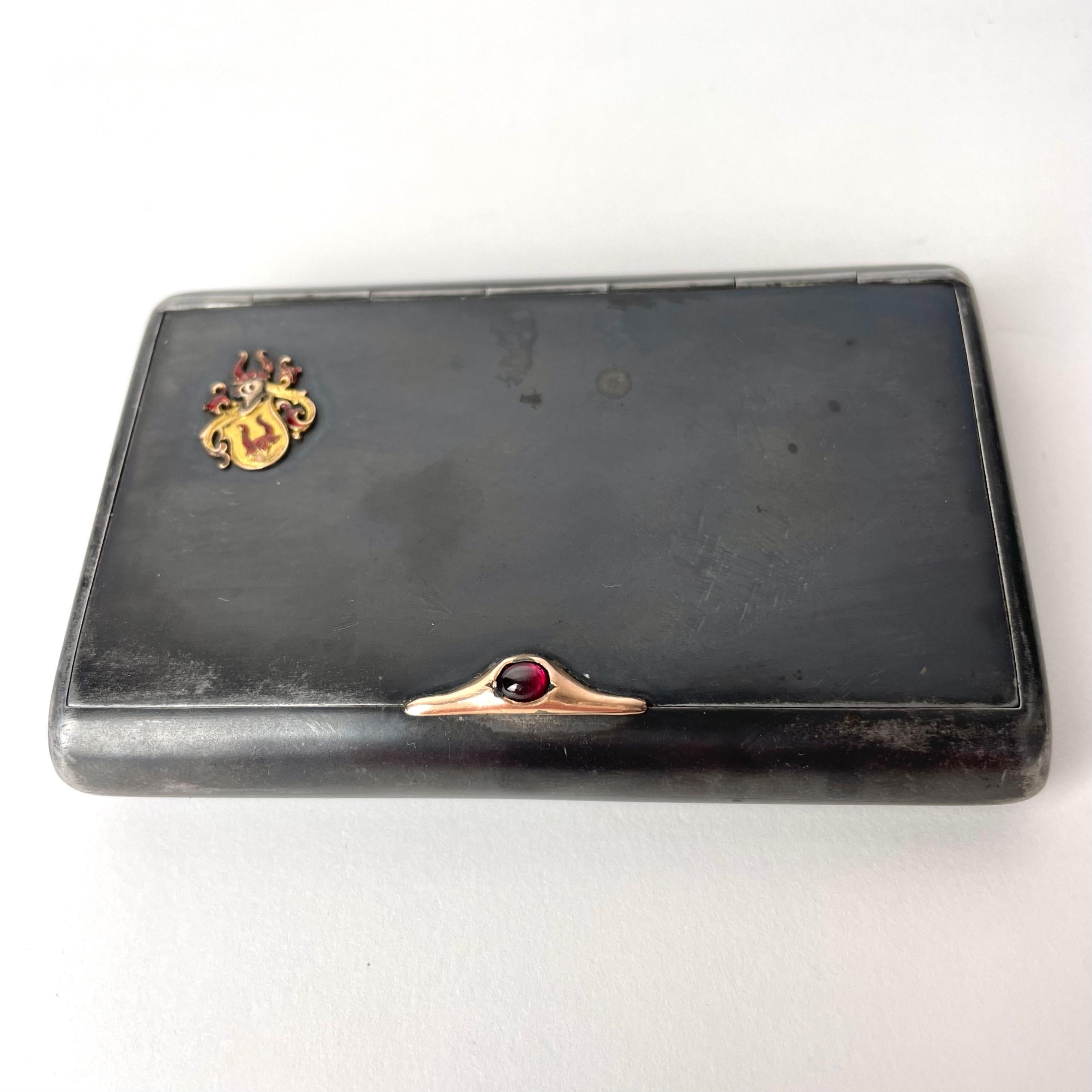 Blackened Etui in Oxidized Steel with Crest of Swedish Noble Family Oxenstierna 19th C. For Sale