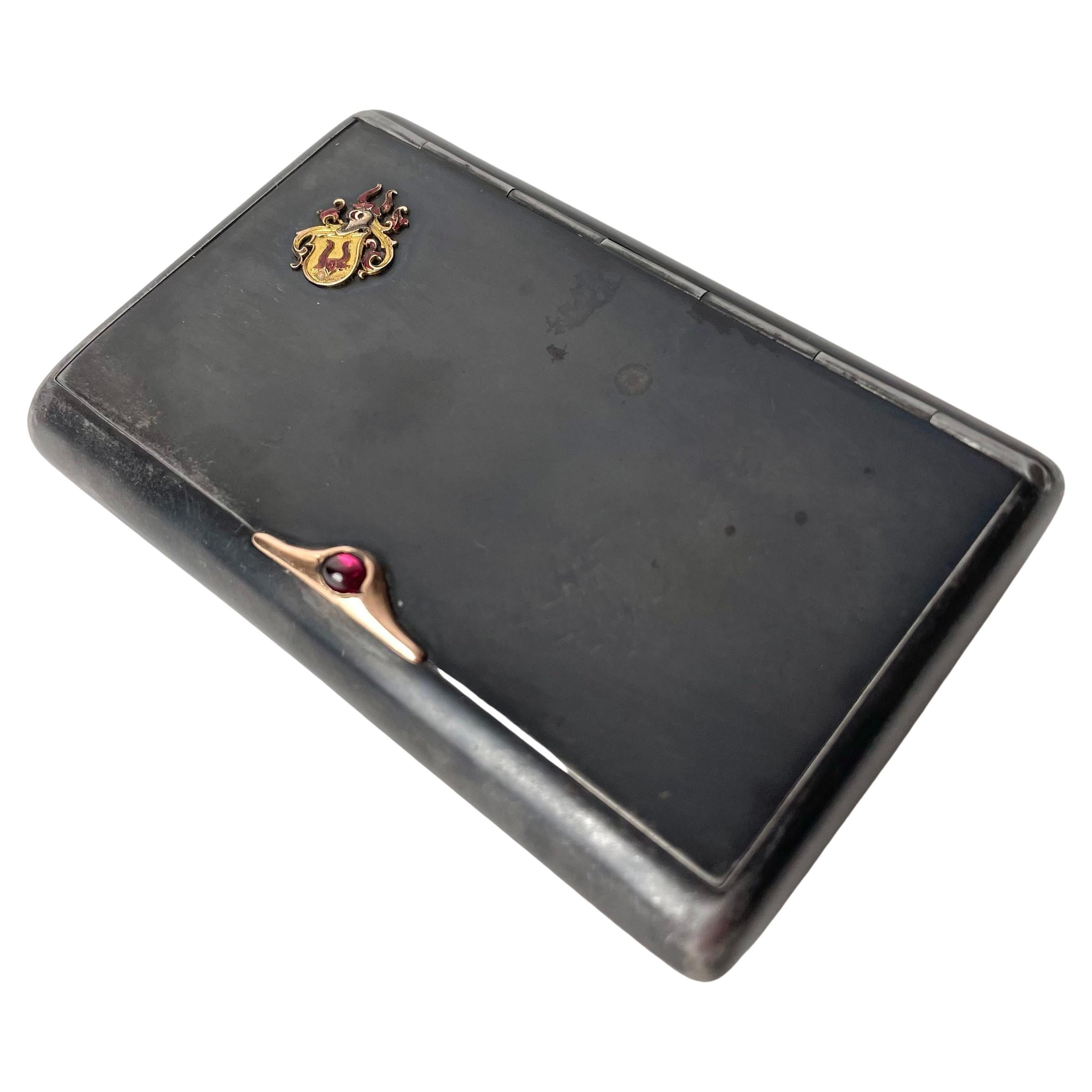 Etui in Oxidized Steel with Crest of Swedish Noble Family Oxenstierna 19th C. For Sale