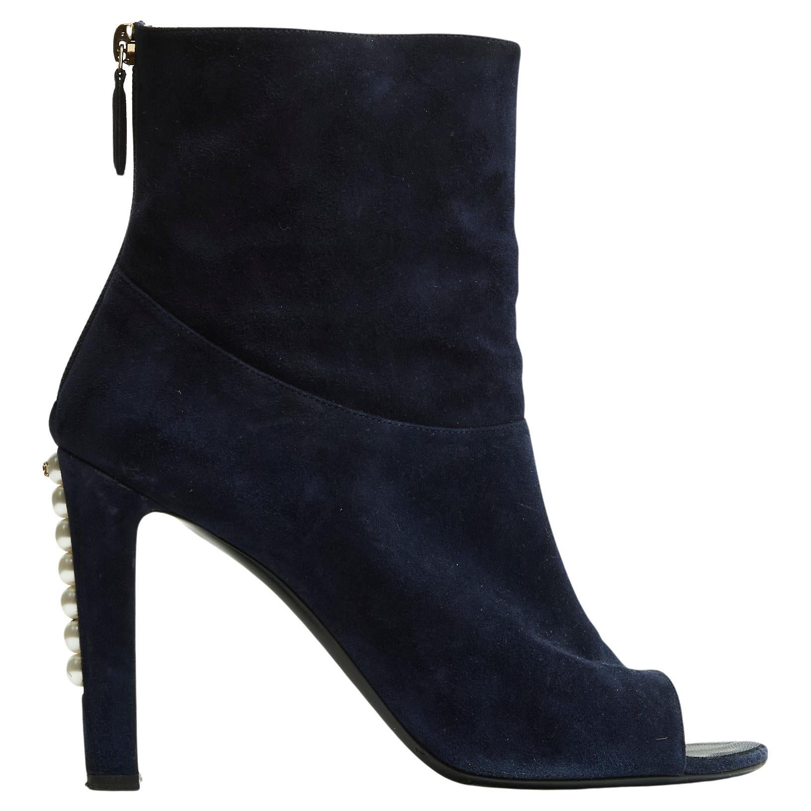 EU39 Fancy pearls and navy suede open toe ankle boots US8.5 For Sale