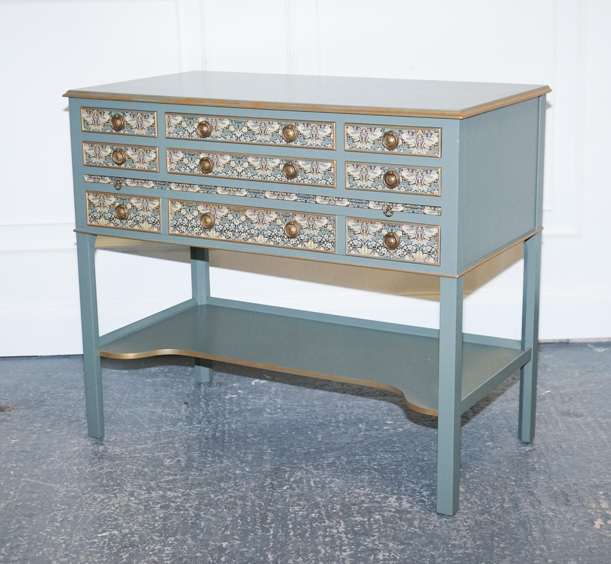 Mid-Century Modern Eucalyptus Green & Gold Console Table Sideboard Strawberry Thief William Morris  For Sale