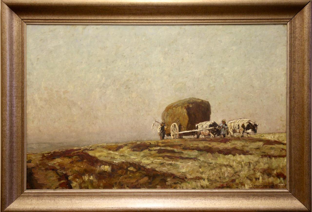 Eugen Felix Prosper Bracht, 1917, Harvesting with a Hay Wagon and Team of Oxen. - Painting by Eugen Bracht