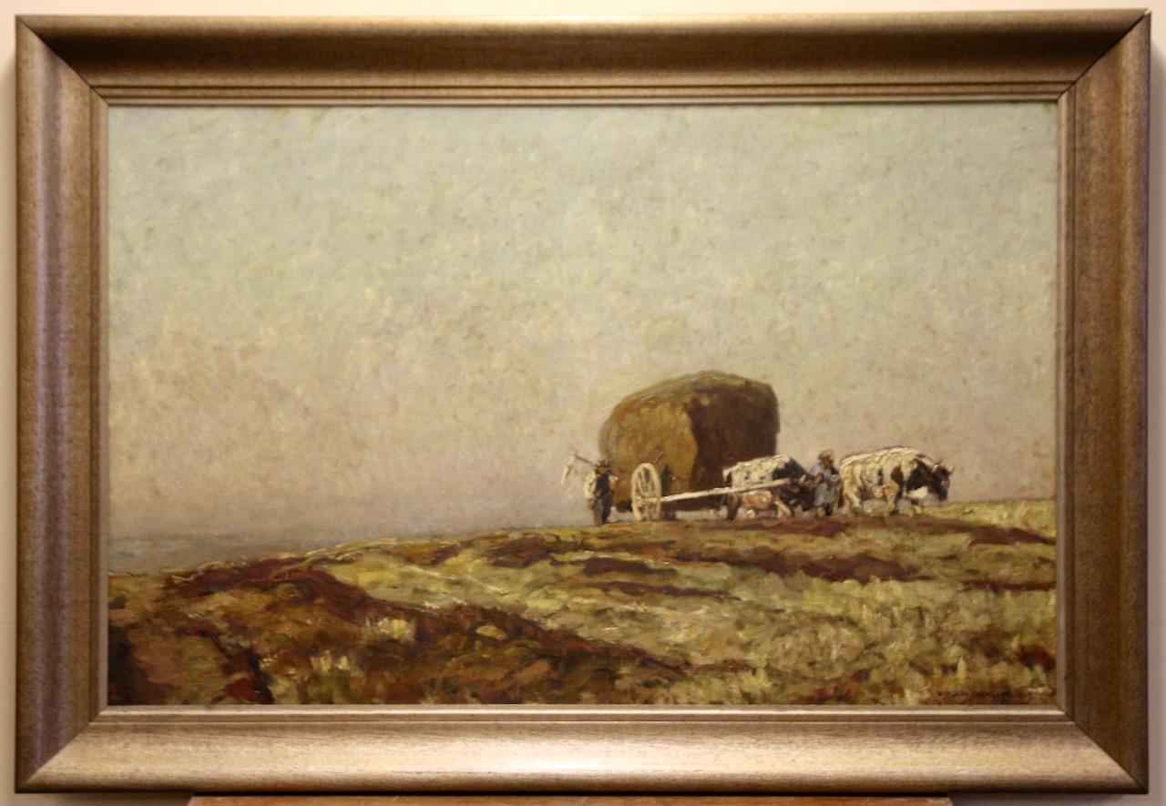 Eugen Felix Prosper Bracht, 1917, Harvesting with a Hay Wagon and Team of Oxen. - Impressionist Painting by Eugen Bracht