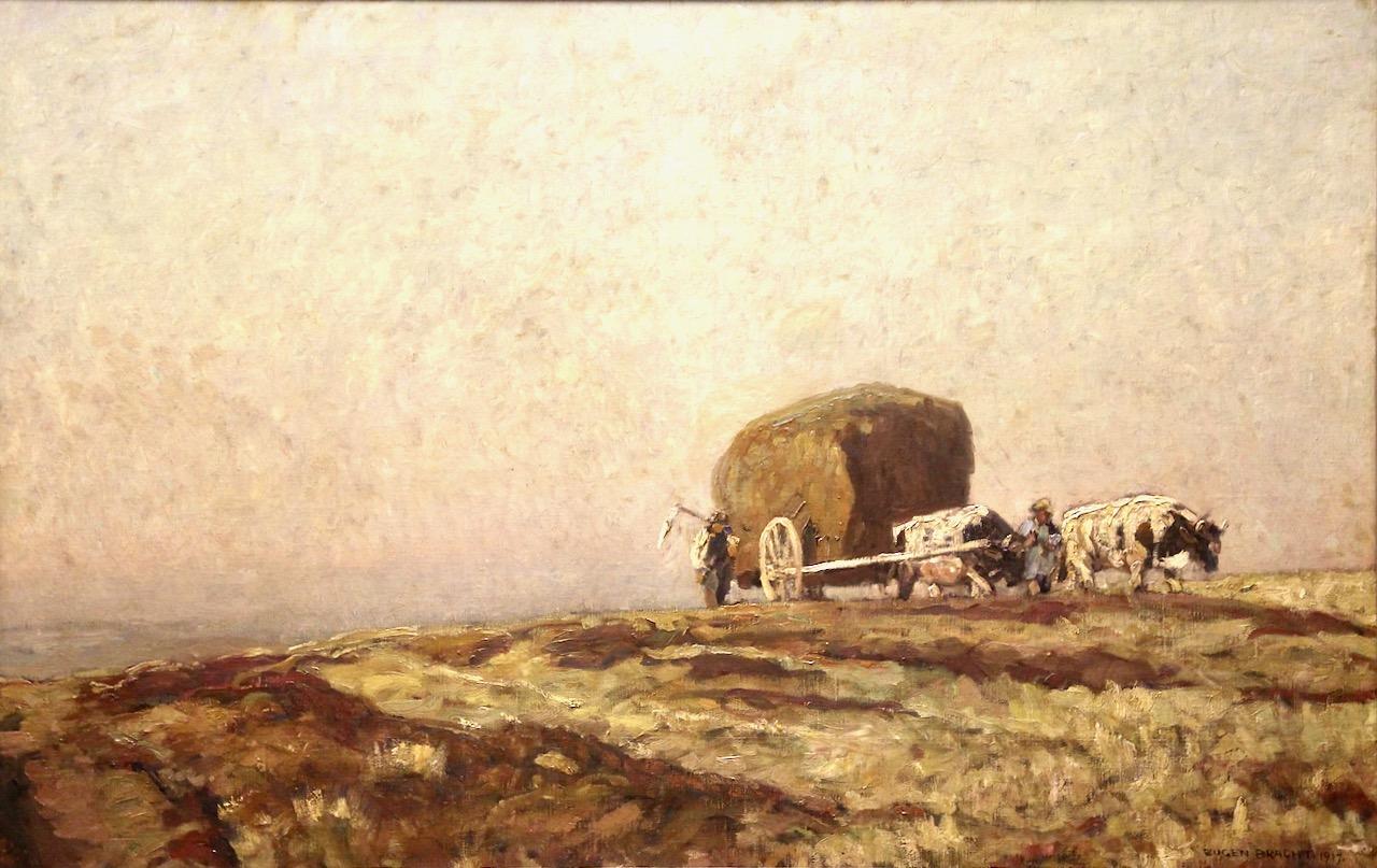 Eugen Felix Prosper Bracht, 1917, Harvesting with a Hay Wagon and Team of Oxen. - Beige Figurative Painting by Eugen Bracht