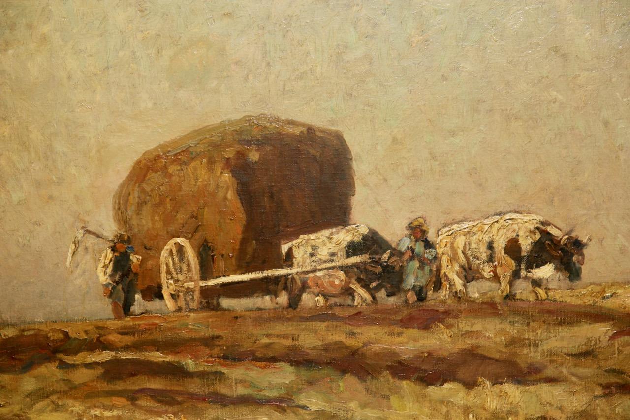Eugen Felix Prosper Bracht, 1917, Harvesting with a hay wagon and team of oxen.

Large and decorative painting by the world-renowned artist Eugen Bracht.
From a private collection. The painting is being offered on the art market for the first