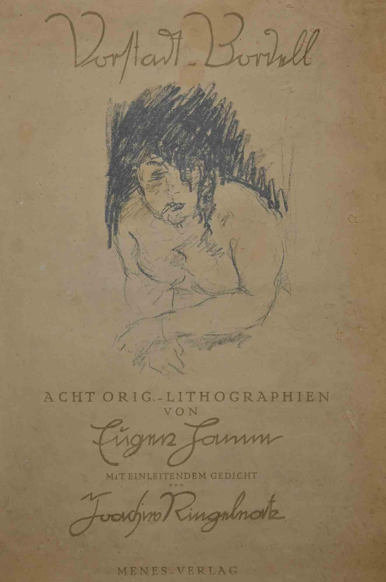 Abdeckung für Vorstadt-Brodel  ist eine Original-Lithographie, die 1922 von Eugen Hamm, einem deutschen Künstler, geschaffen wurde.

In gutem Zustand.

Dieses Kunstwerk stellt eine Frau in einem Bordell dar.

Eugen Hamm  (1885-1930) - Deutscher