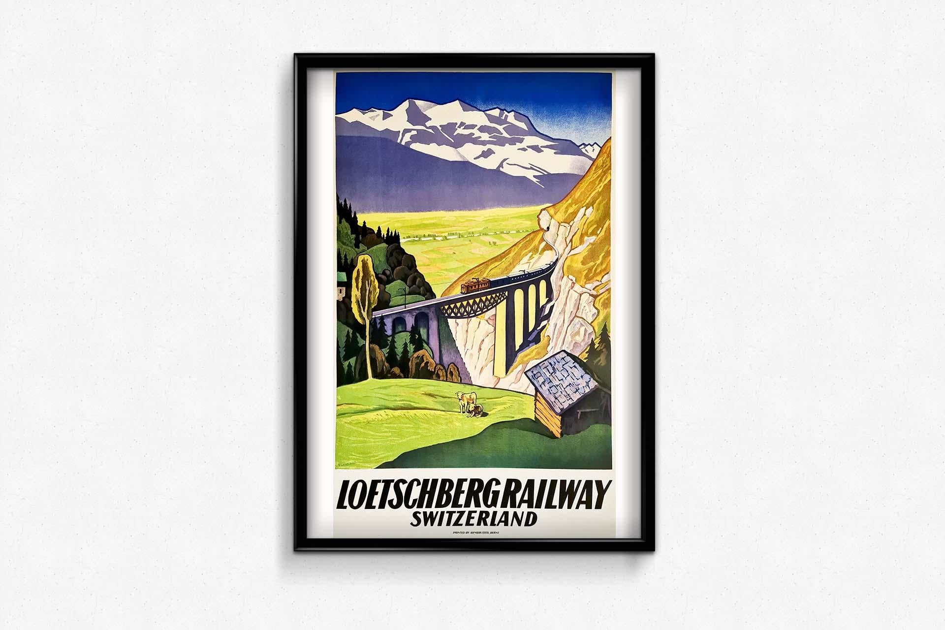 Original poster for the Bern Lotschberg Simplon Railway (BLS; 1913-2006). The image by Eugen Henziross (1877-1961) shows a train making its way through a rocky mountain tunnel and over a bridge in the Swiss countryside, with a wooden hut and sheep