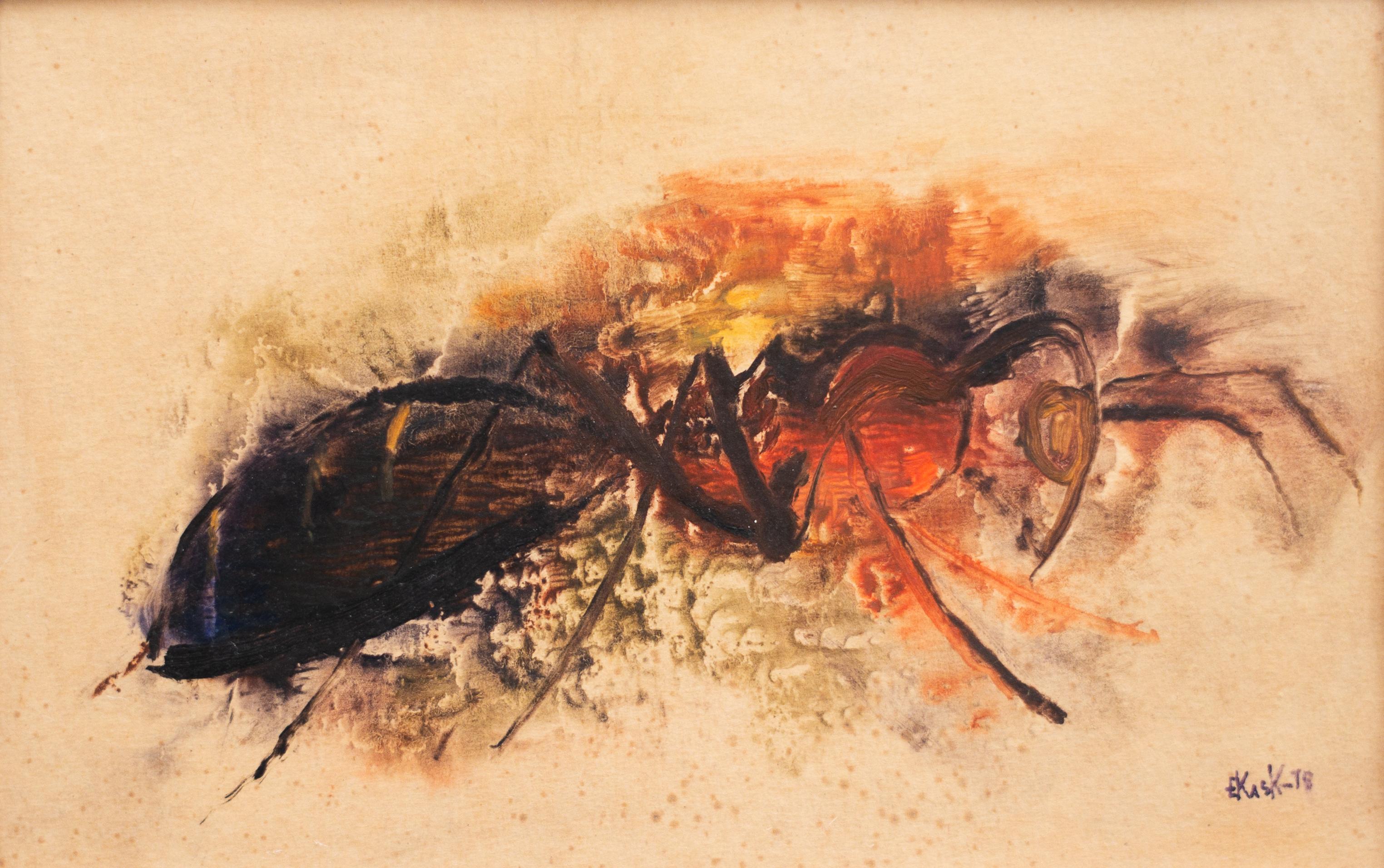 Peinture à l'huile sur panneau « Ant Battle » d'Eugène Kask, signée, 1978, livraison gratuite  - Painting de Eugen Kask