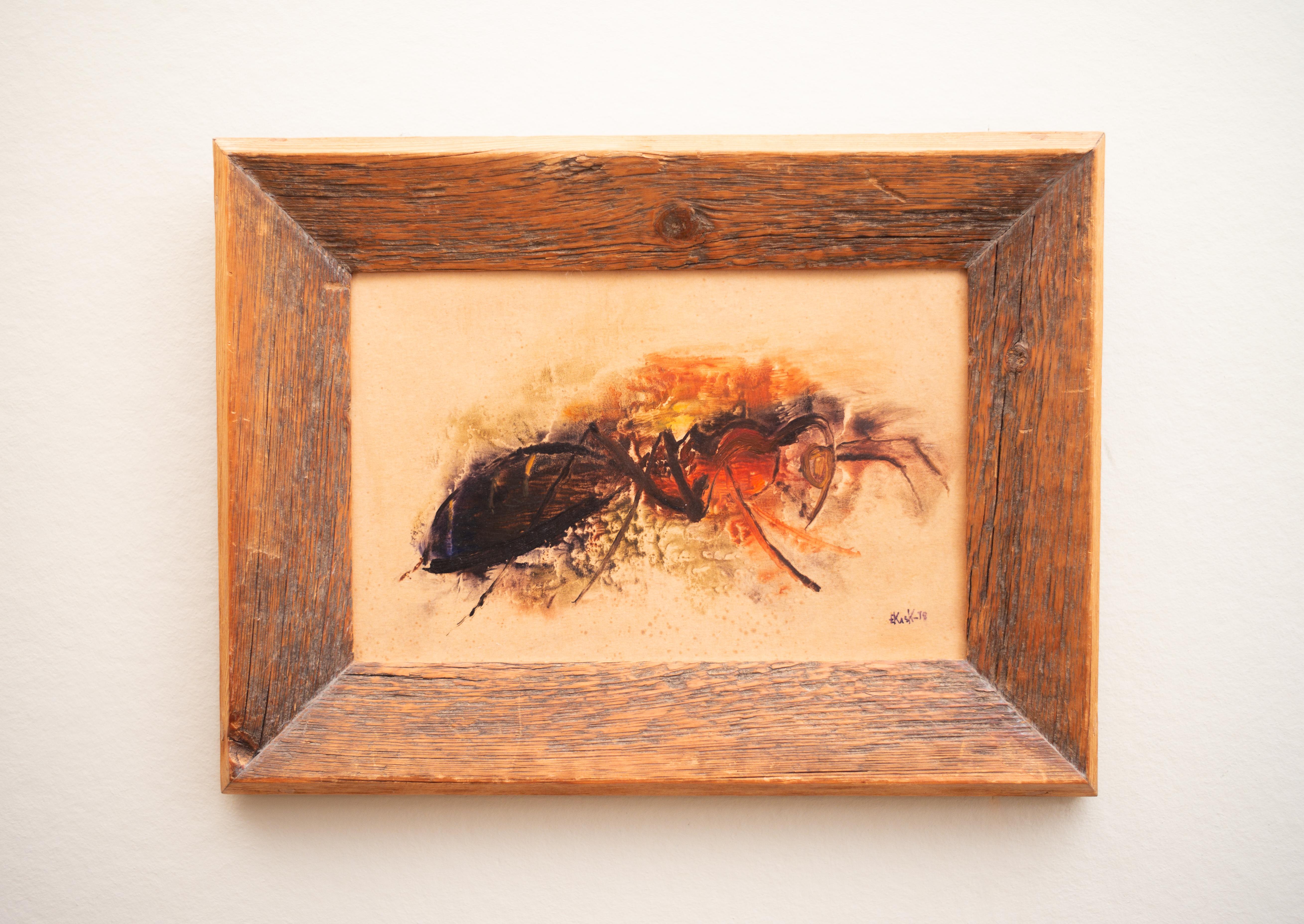 Batalla de hormigas Boceto al óleo de Eugen Kask, Óleo sobre tabla, Firmado, 1978 en venta 3