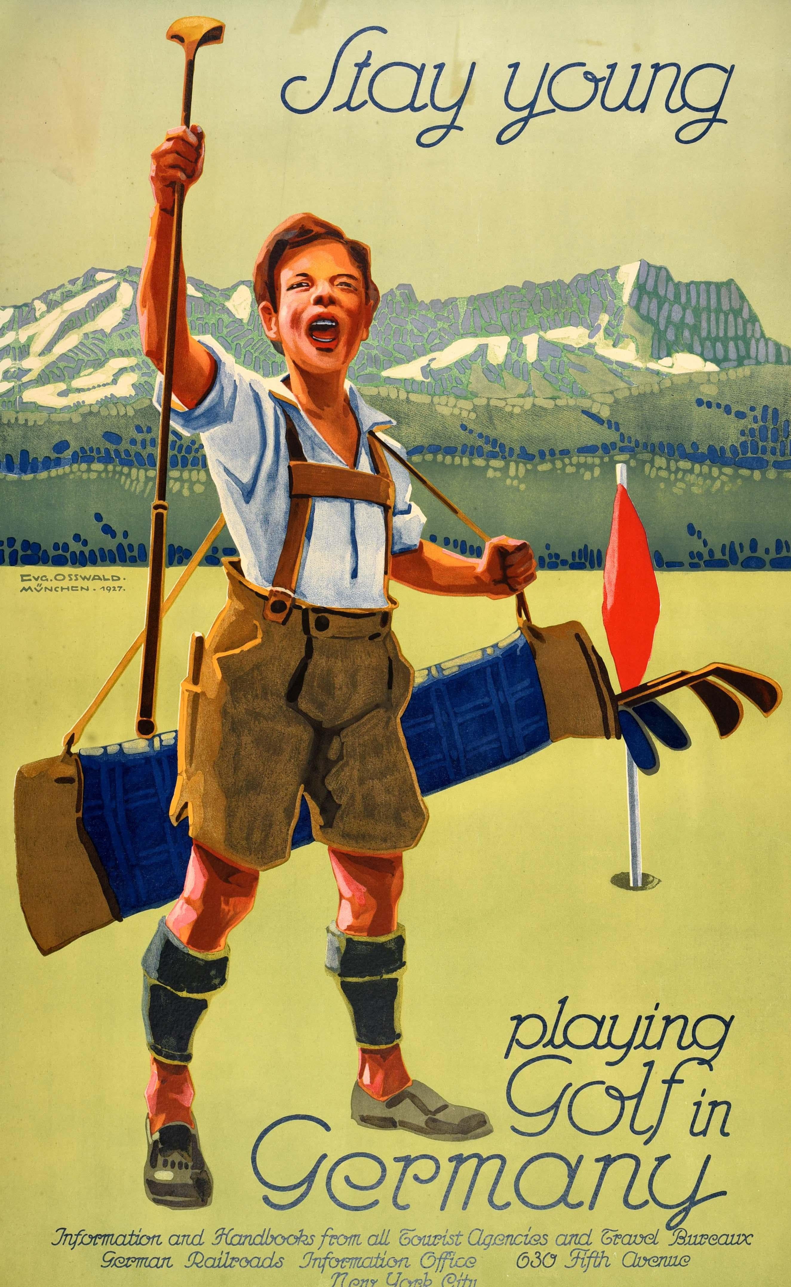 Poster di viaggio sportivo originale d'epoca Rimani giovane giocando a golf in Germania Osswald - Print di Eugen Osswald