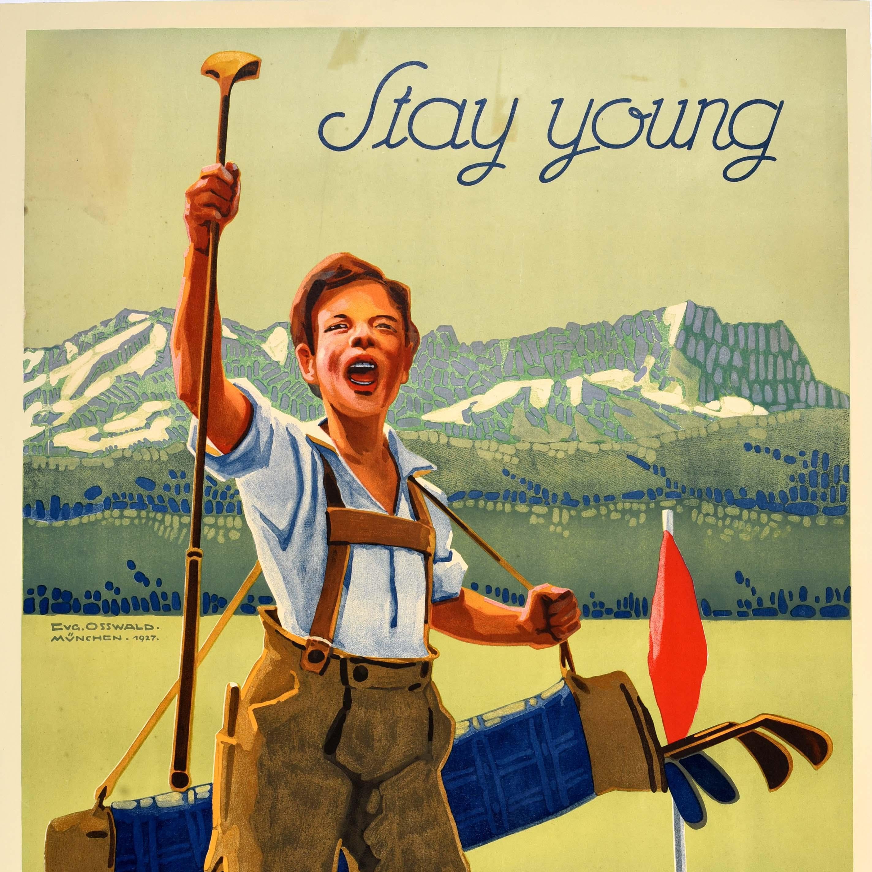 Poster di viaggio sportivo originale d'epoca Rimani giovane giocando a golf in Germania Osswald - Print Beige di Eugen Osswald