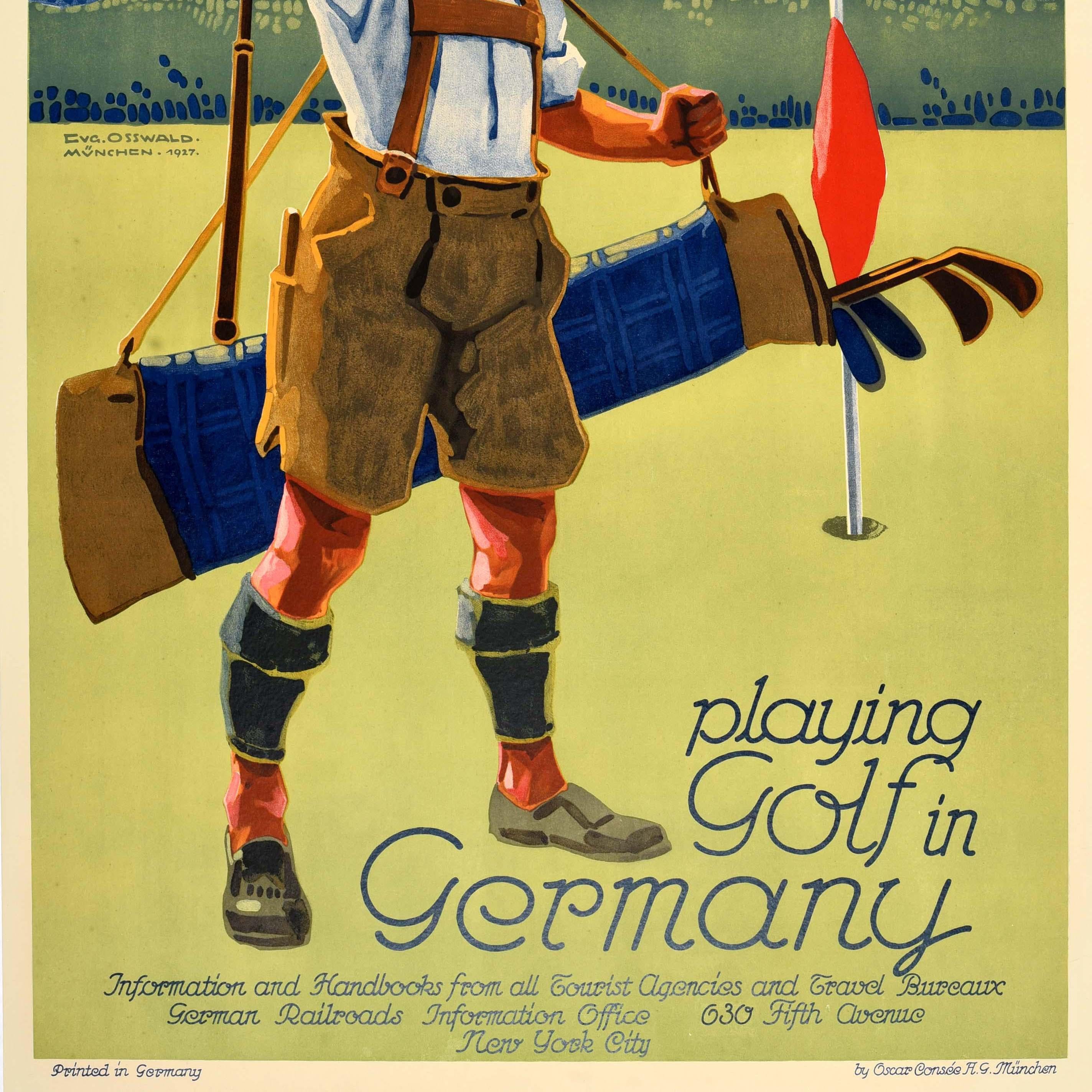 Poster di viaggio sportivo originale d'epoca - Stay Young Playing Golf In Germany - con grafica di Eugen Osswald (1879-1960) che raffigura un ragazzo in pantaloni lederhosen che grida entusiasta e tiene in mano una mazza da golf con una sacca da