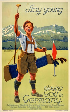Original Vintage Sport Travel Poster Stay Young Playing Golf In Germany Osswald