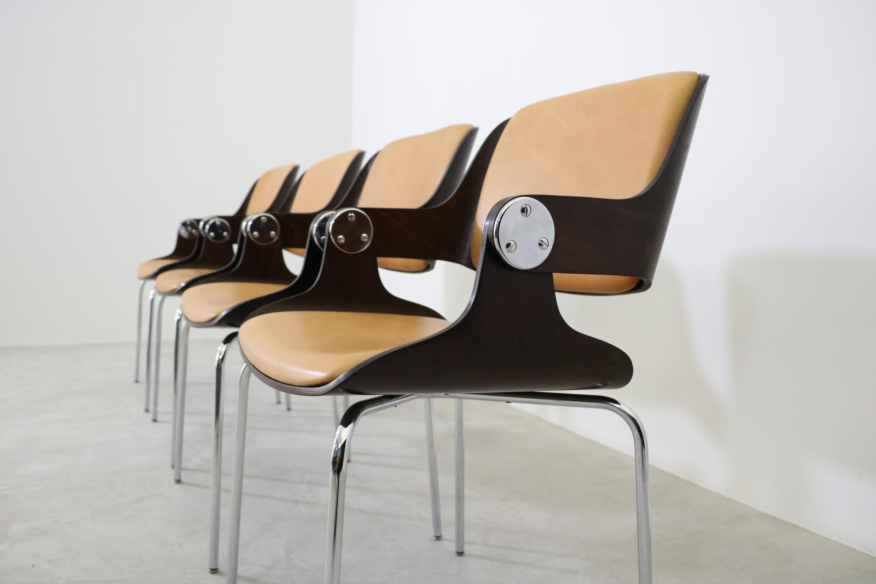 Mid-20th Century Eugen Schmidt four Dining/Conference Chairs Germany 1965 with cognac leather For Sale