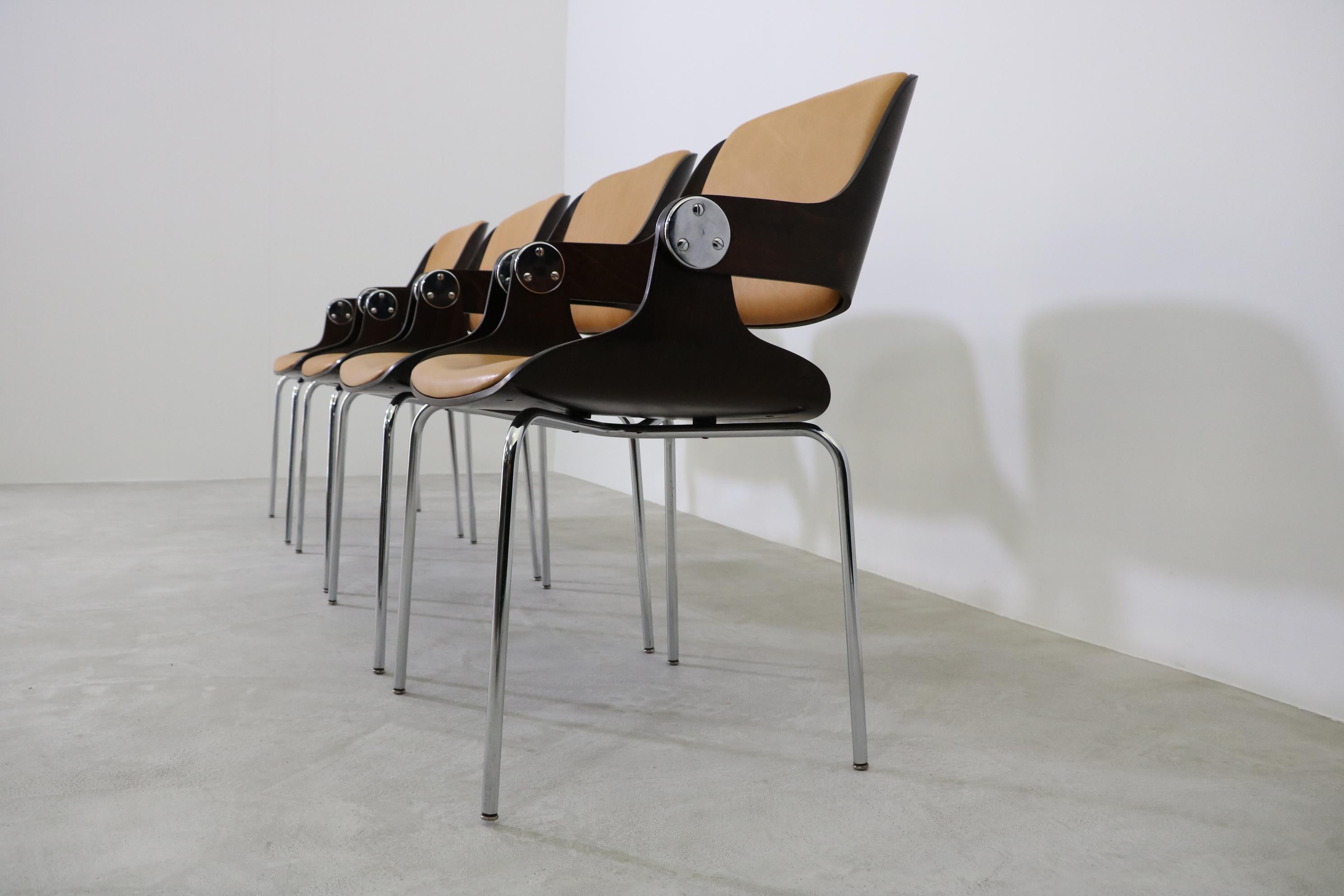 Metal Eugen Schmidt four Dining/Conference Chairs Germany 1965 with cognac leather For Sale