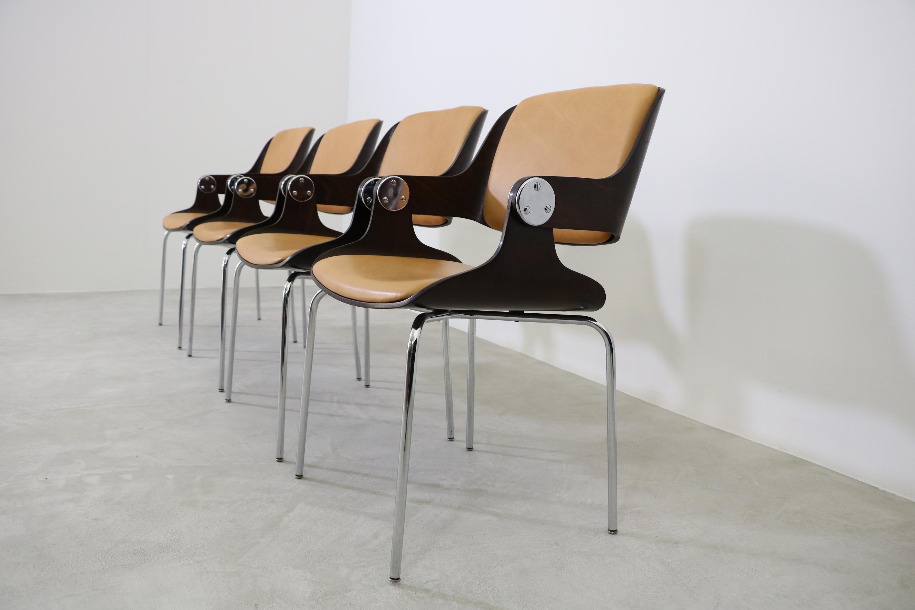 Eugen Schmidt four Dining/Conference Chairs Germany 1965 with cognac leather For Sale 1