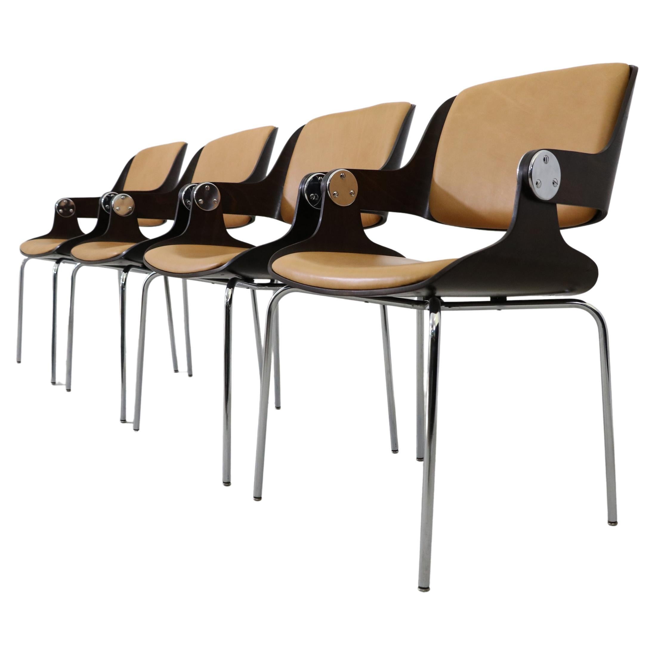 Quatre chaises de salle à manger/conférence d'Eugen Schmidt, Allemagne, 1965, en cuir cognac