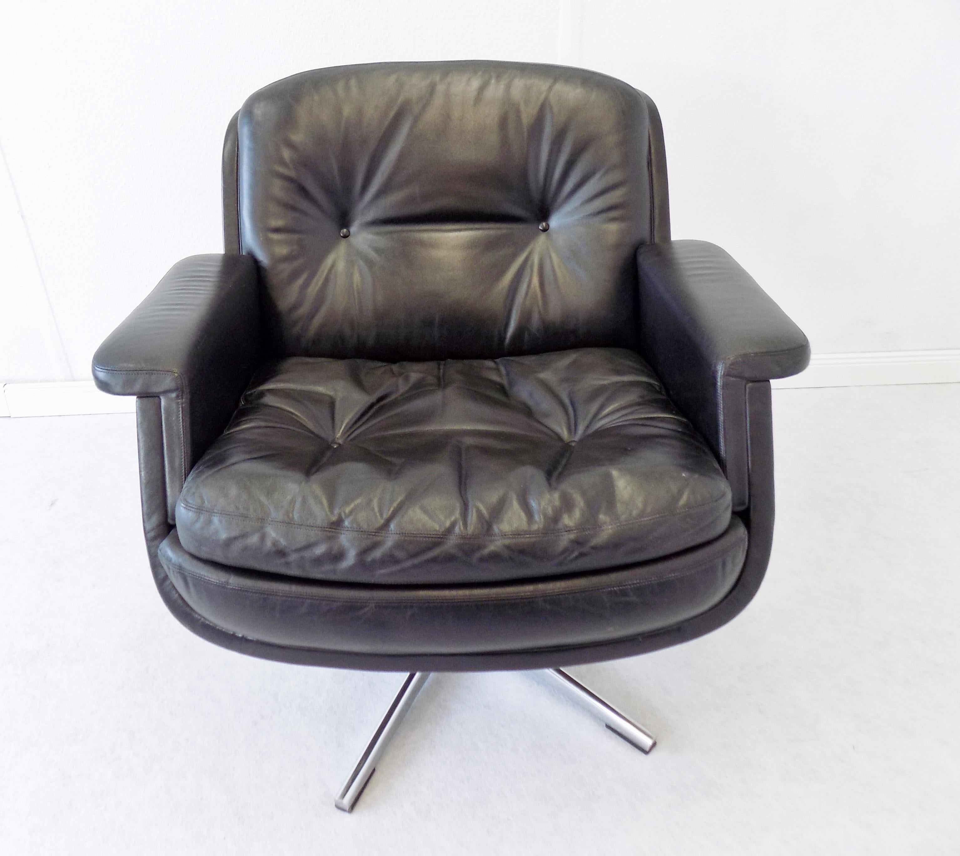 German Eugen Schmidt Black Leather Lounge Chair, Boardroom of Krupp Mid-Century modern For Sale