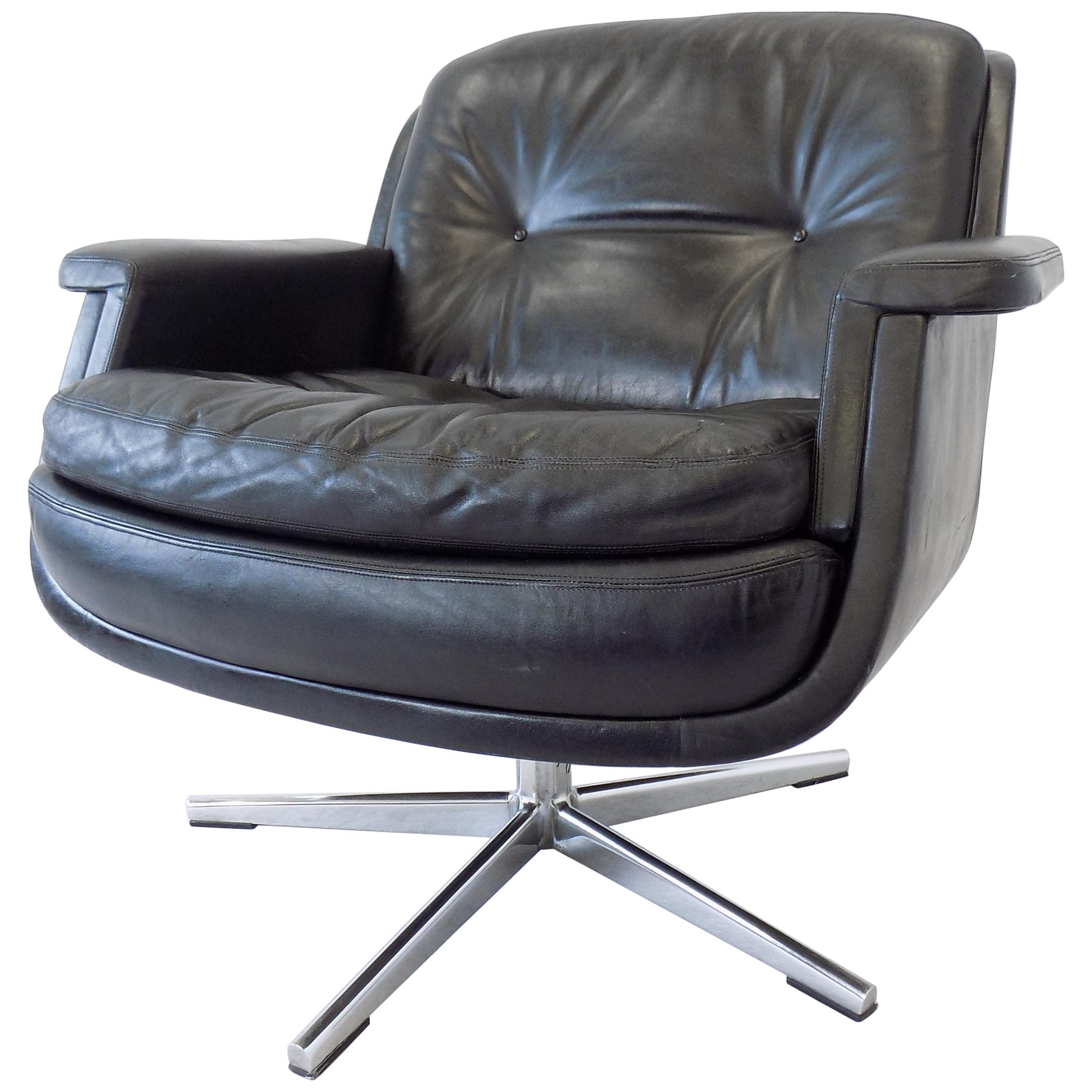 Eugen Schmidt Black Leather Lounge Chair, Boardroom of Krupp Mid-Century modern For Sale