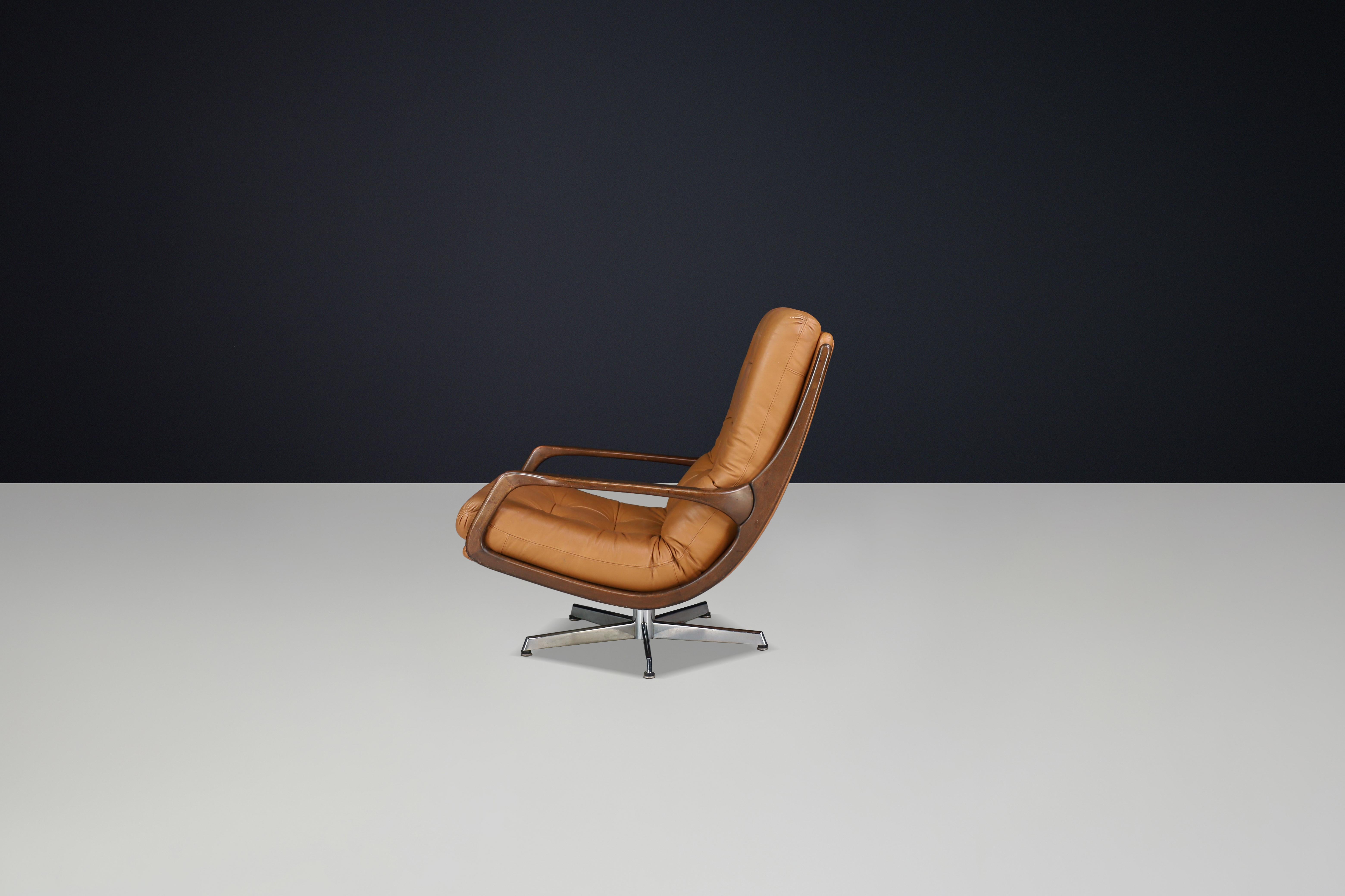 Eugen Schmidt Swivel Lounge Chair and Ottoman in Cognac Leather, Germany, 1970s For Sale 6