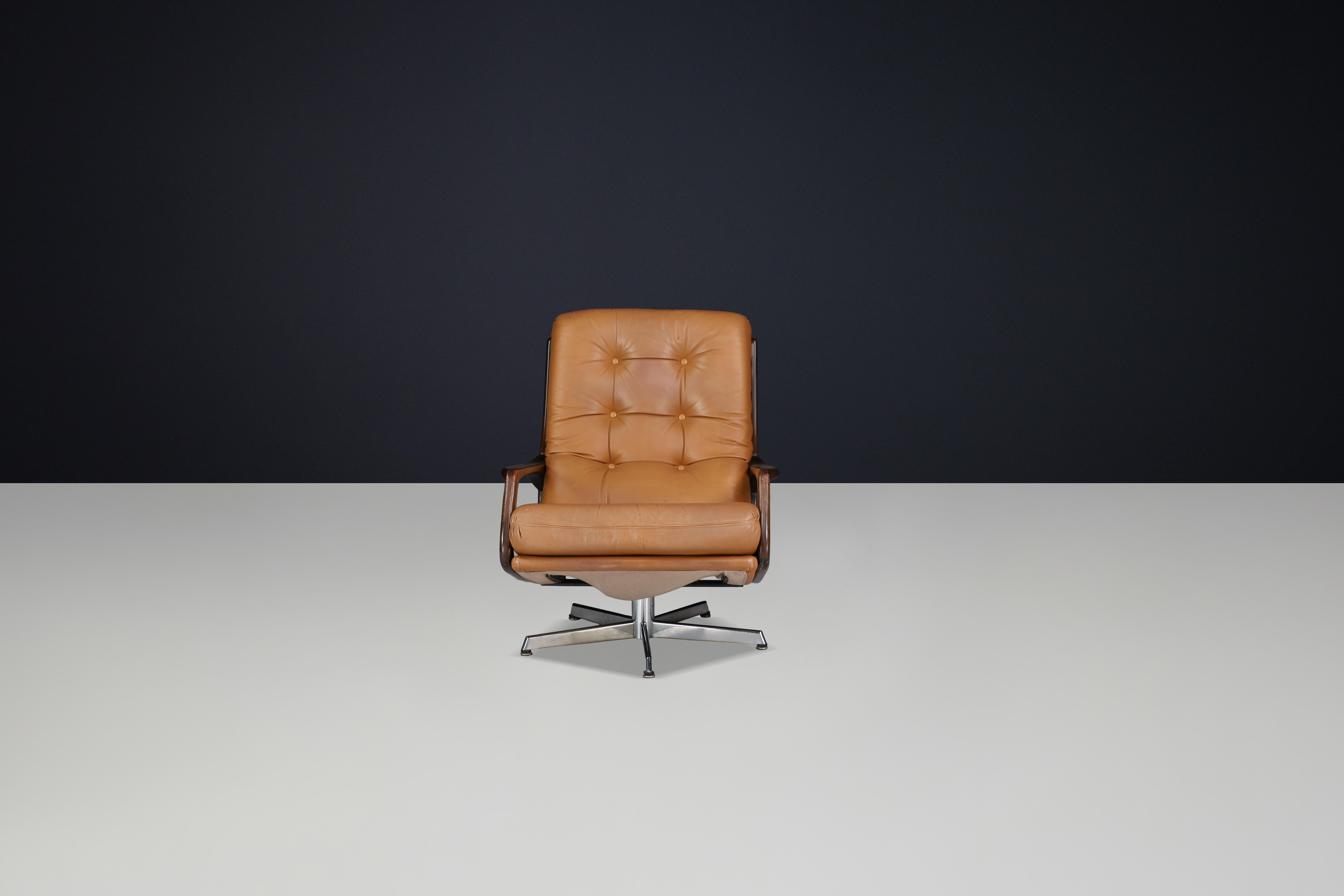 Eugen Schmidt Swivel Lounge Chair and Ottoman in Cognac Leather, Germany, 1970s For Sale 9