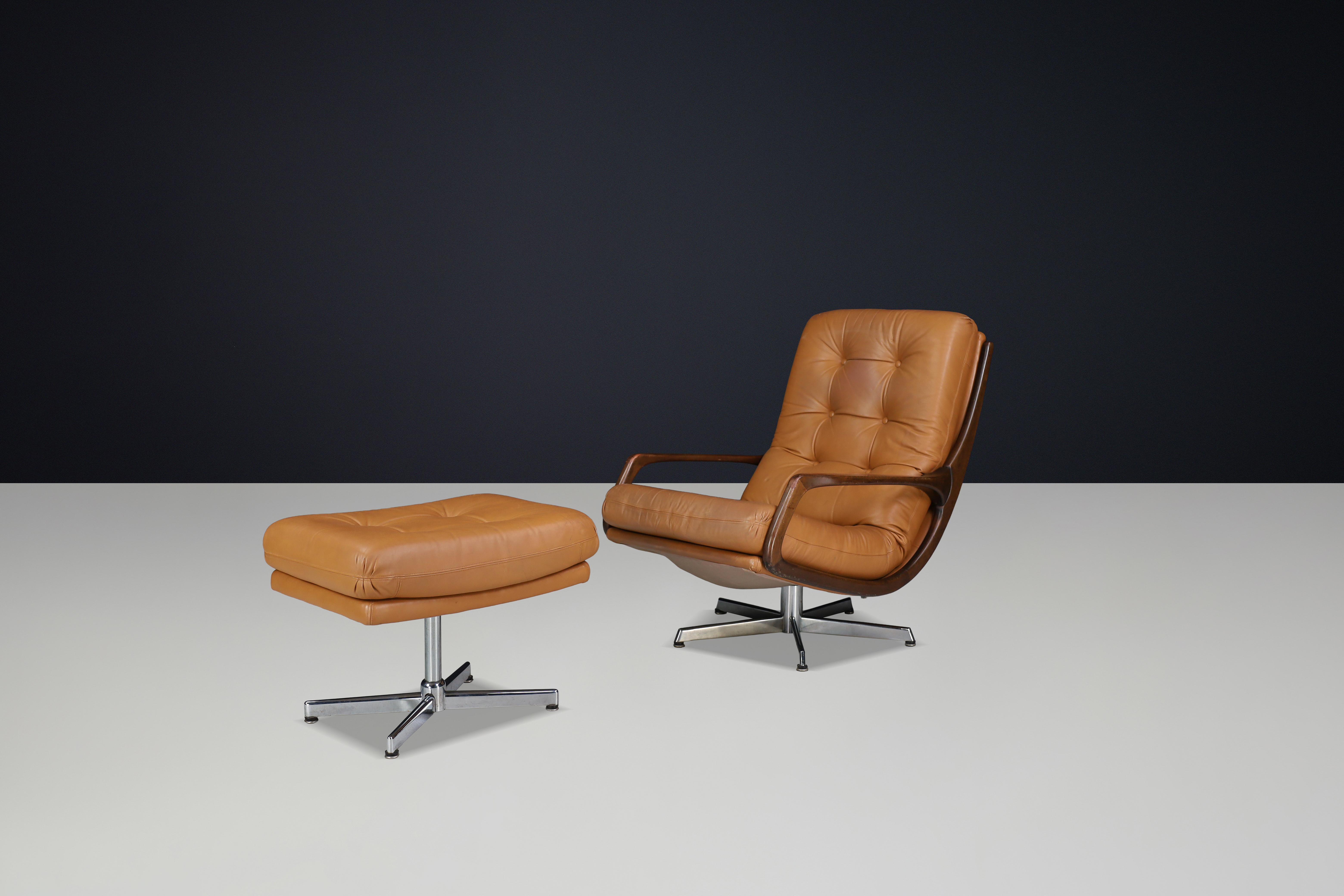 20th Century Eugen Schmidt Swivel Lounge Chair and Ottoman in Cognac Leather, Germany, 1970s For Sale