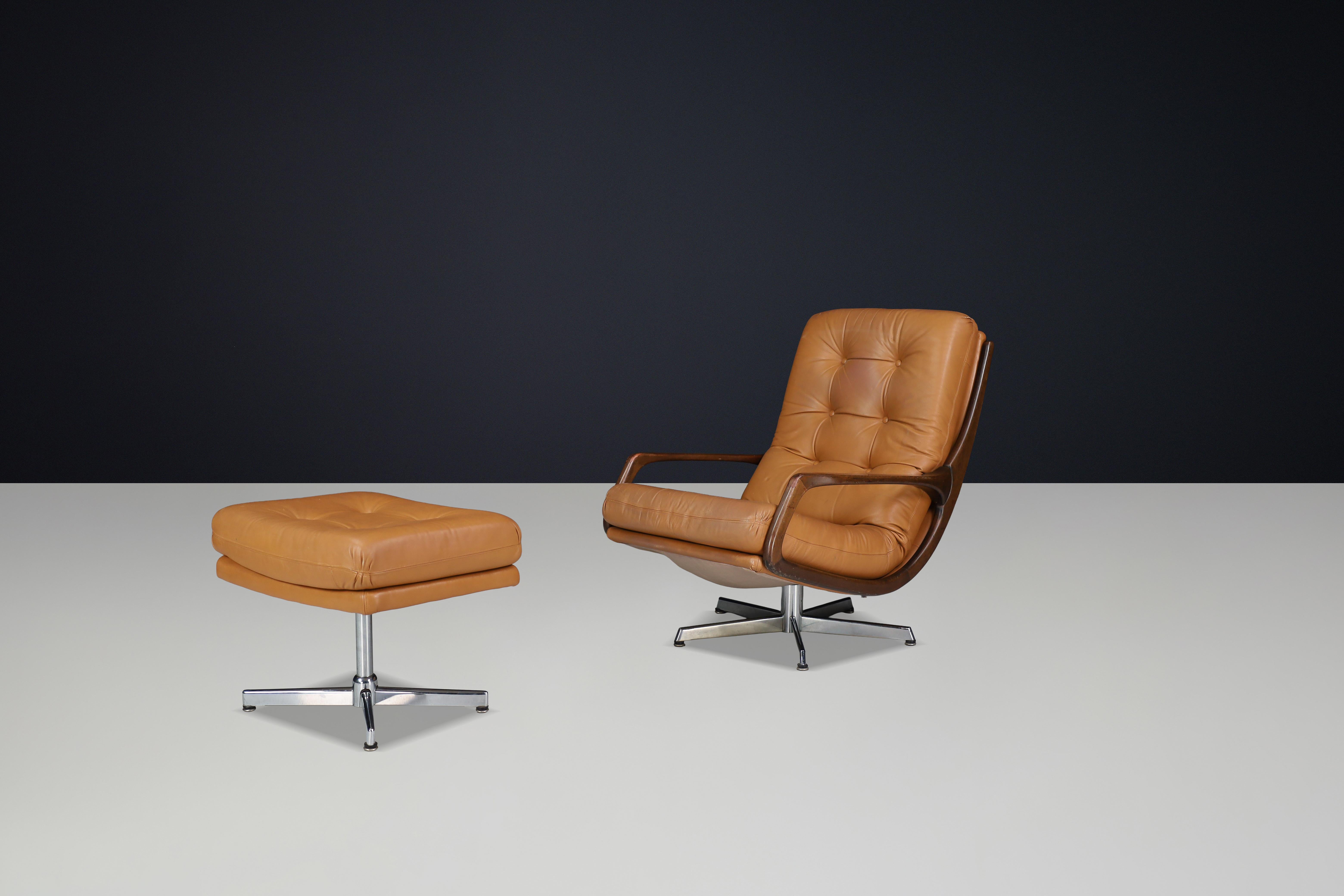 Eugen Schmidt Swivel Lounge Chair and Ottoman in Cognac Leather, Germany, 1970s For Sale 2