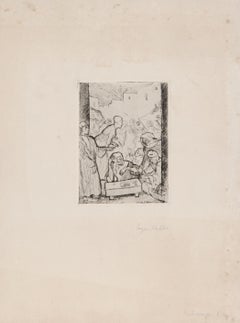 Männer auf dem Dorfbasar, impressionistische Radierung von Eugen von Kahler