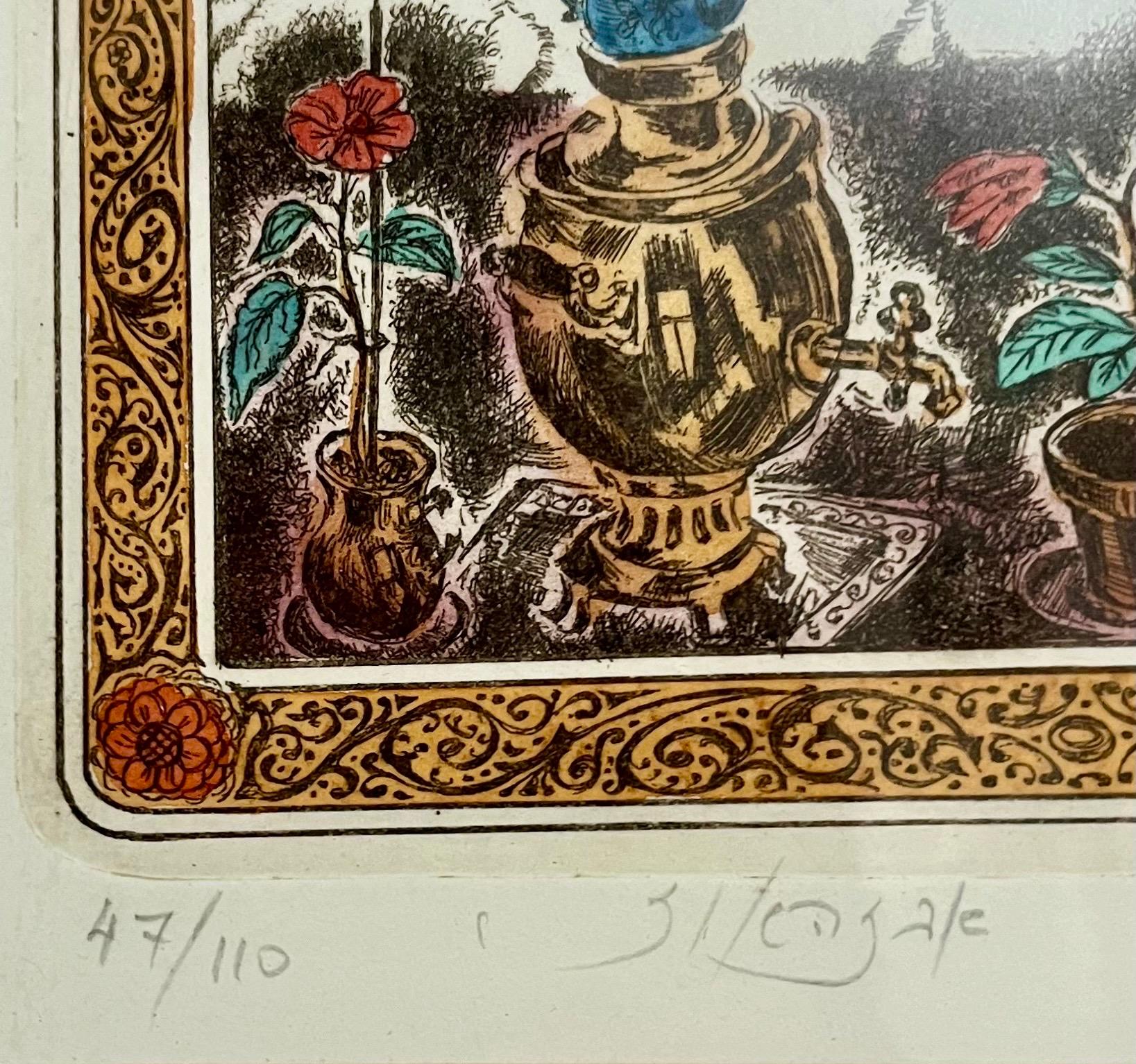 Shtetl judío Velas de Shabat Judaica rusa Aguafuerte c Pintura acuarela a mano - Figurative Print Marrón de Eugene Abeshaus