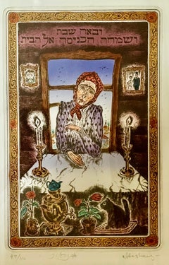 Shtetl judío Velas de Shabat Judaica rusa Aguafuerte c Pintura acuarela a mano