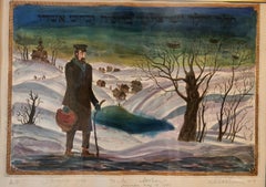 "Jewish Shtetl Wanderer" Post Soviet Judaica Etching Hand Watercolor Painting