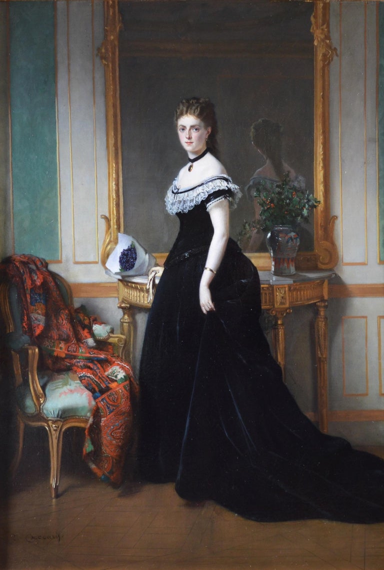La Femme en Noir - Large 19th Century French Belle Epoque Oil Painting Portrait - Black Portrait Painting by Eugene Accard
