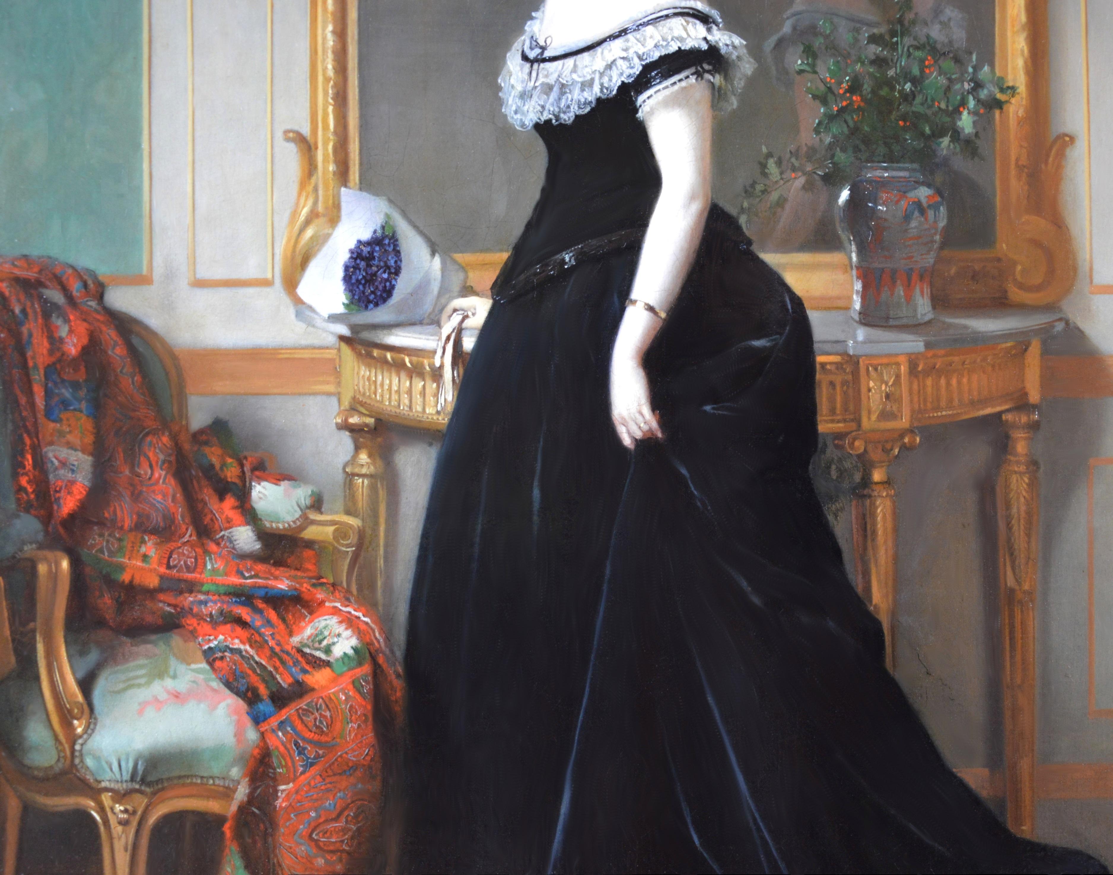 La Femme en Noir - Large 19th Century French Belle Epoque Oil Painting Portrait - Black Portrait Painting by Eugene Accard